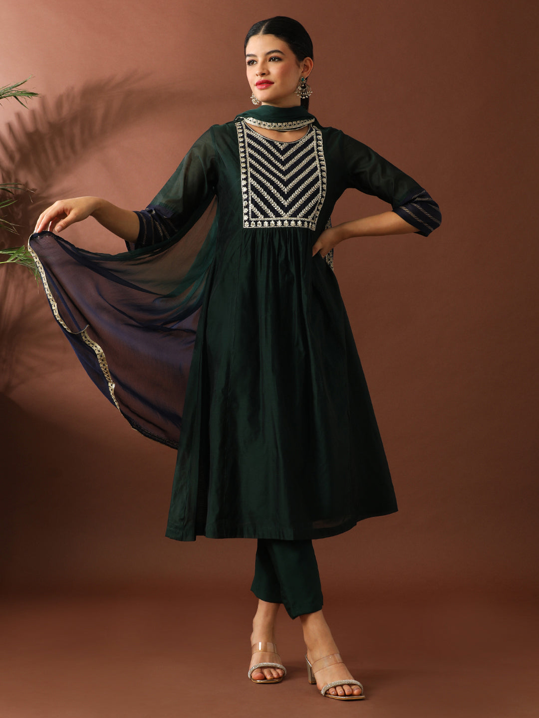 Floral Embroidered A-Line Chanderi Cotton Kurta & Trousers Sets