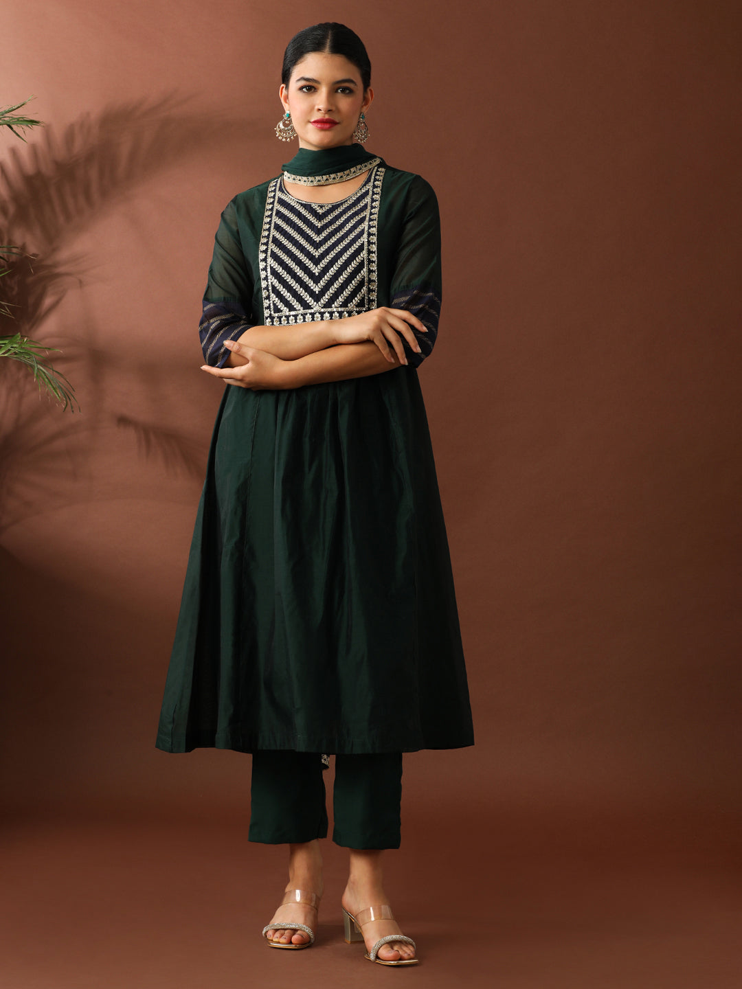 Floral Embroidered A-Line Chanderi Cotton Kurta & Trousers Sets