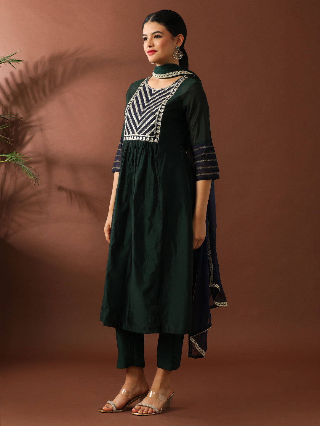 Floral Embroidered A-Line Chanderi Cotton Kurta & Trousers Sets