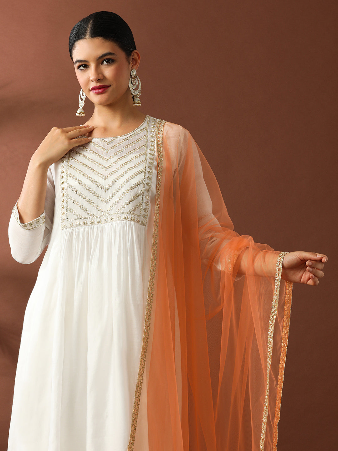 Floral Embroidered A-Line Chanderi Cotton Kurta & Trousers Sets