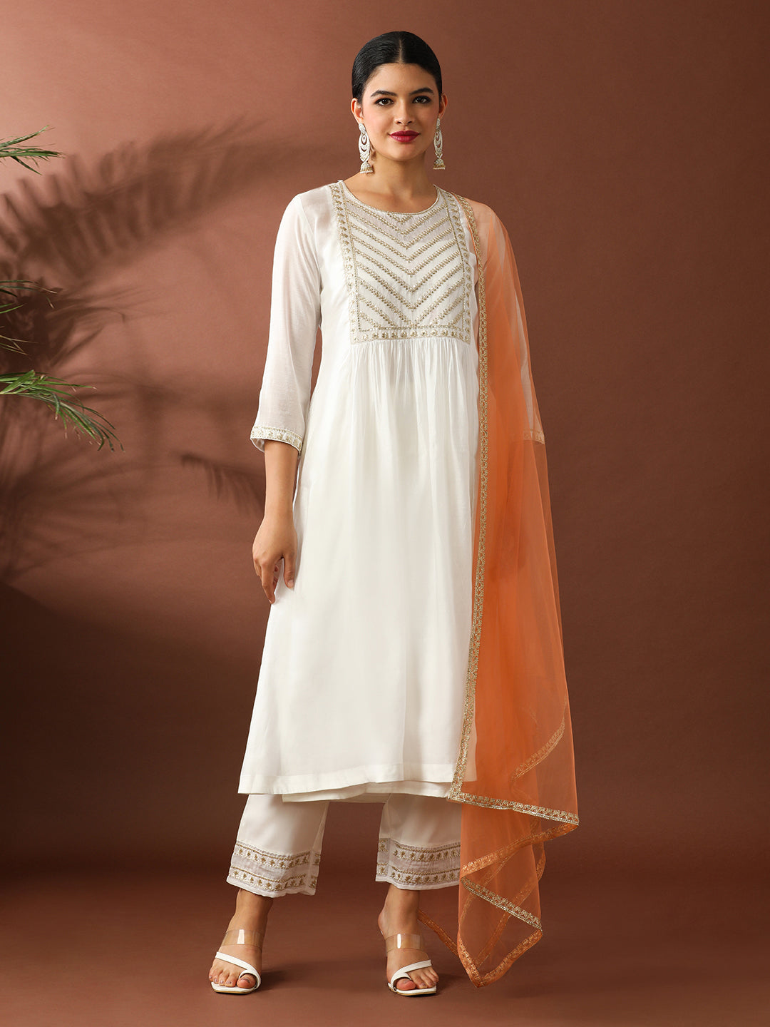 Floral Embroidered A-Line Chanderi Cotton Kurta & Trousers Sets
