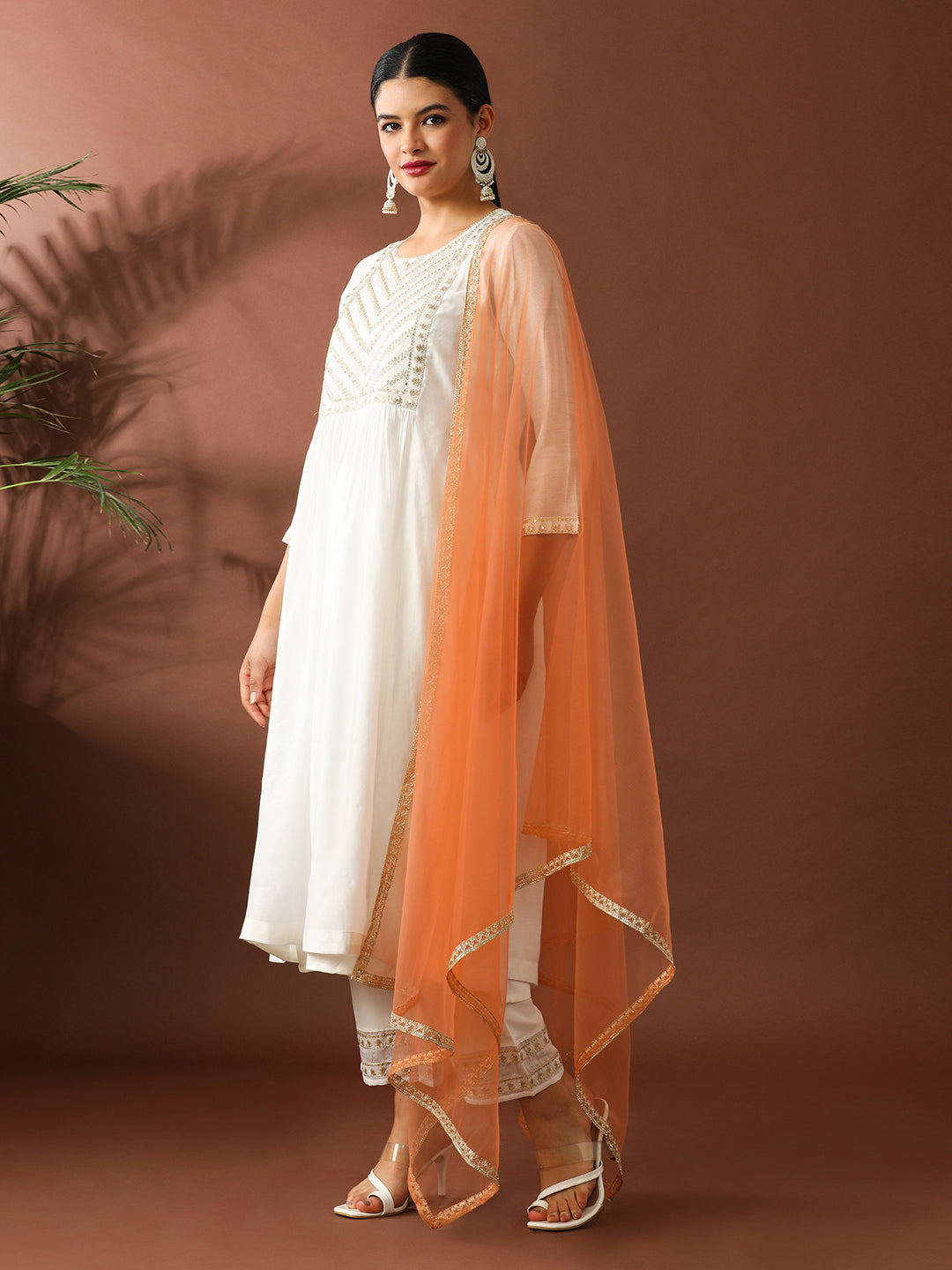 Floral Embroidered A-Line Chanderi Cotton Kurta & Trousers Sets