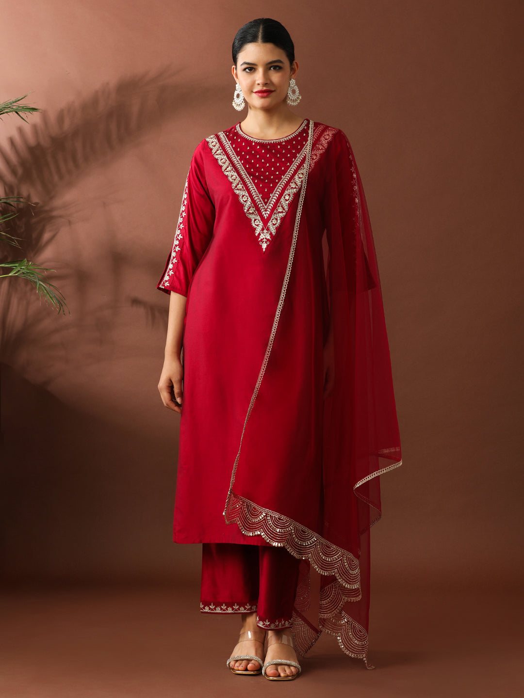 Floral Embroidered Straight Silk Blend Kurta & Trousers Sets