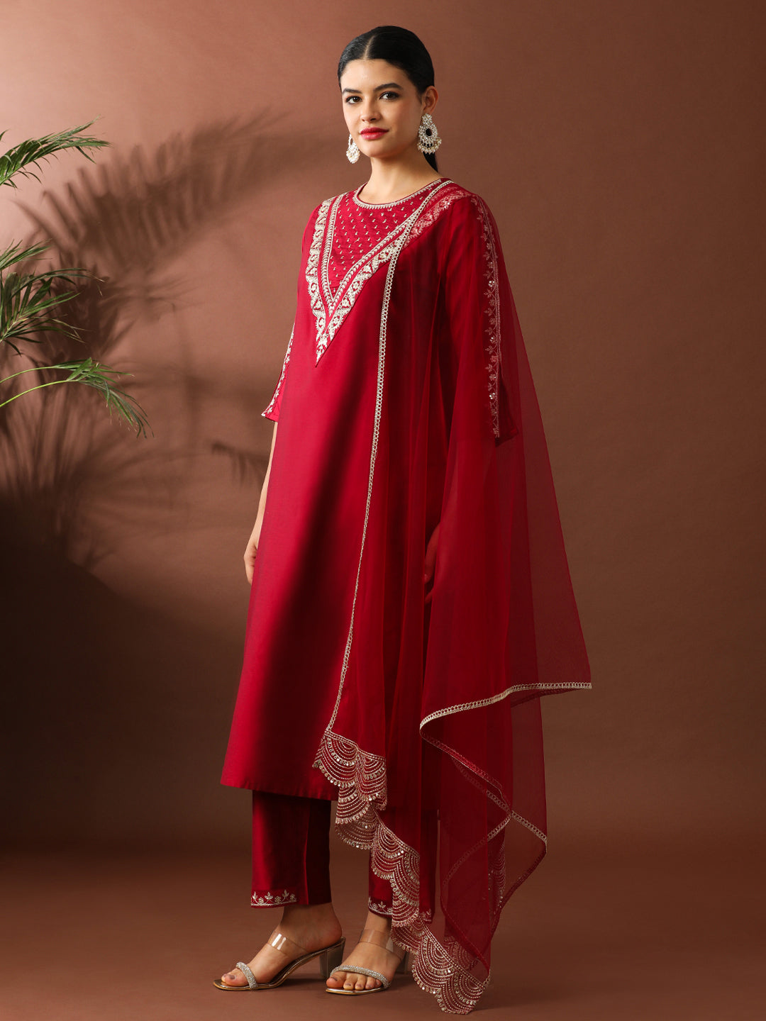 Floral Embroidered Straight Silk Blend Kurta & Trousers Sets
