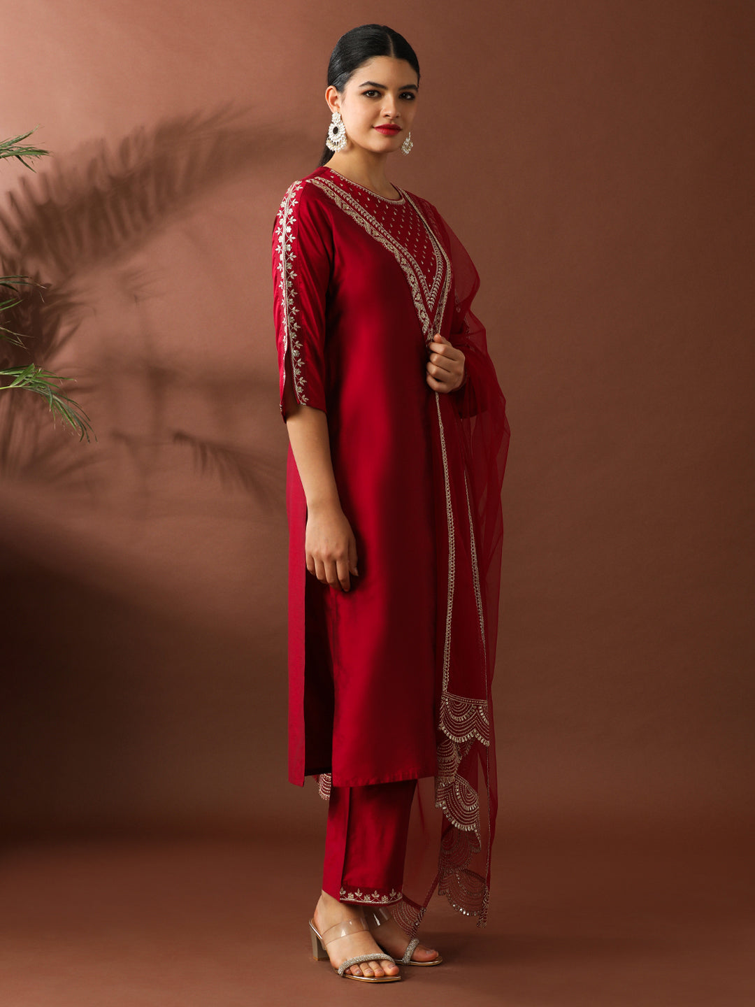 Floral Embroidered Straight Silk Blend Kurta & Trousers Sets