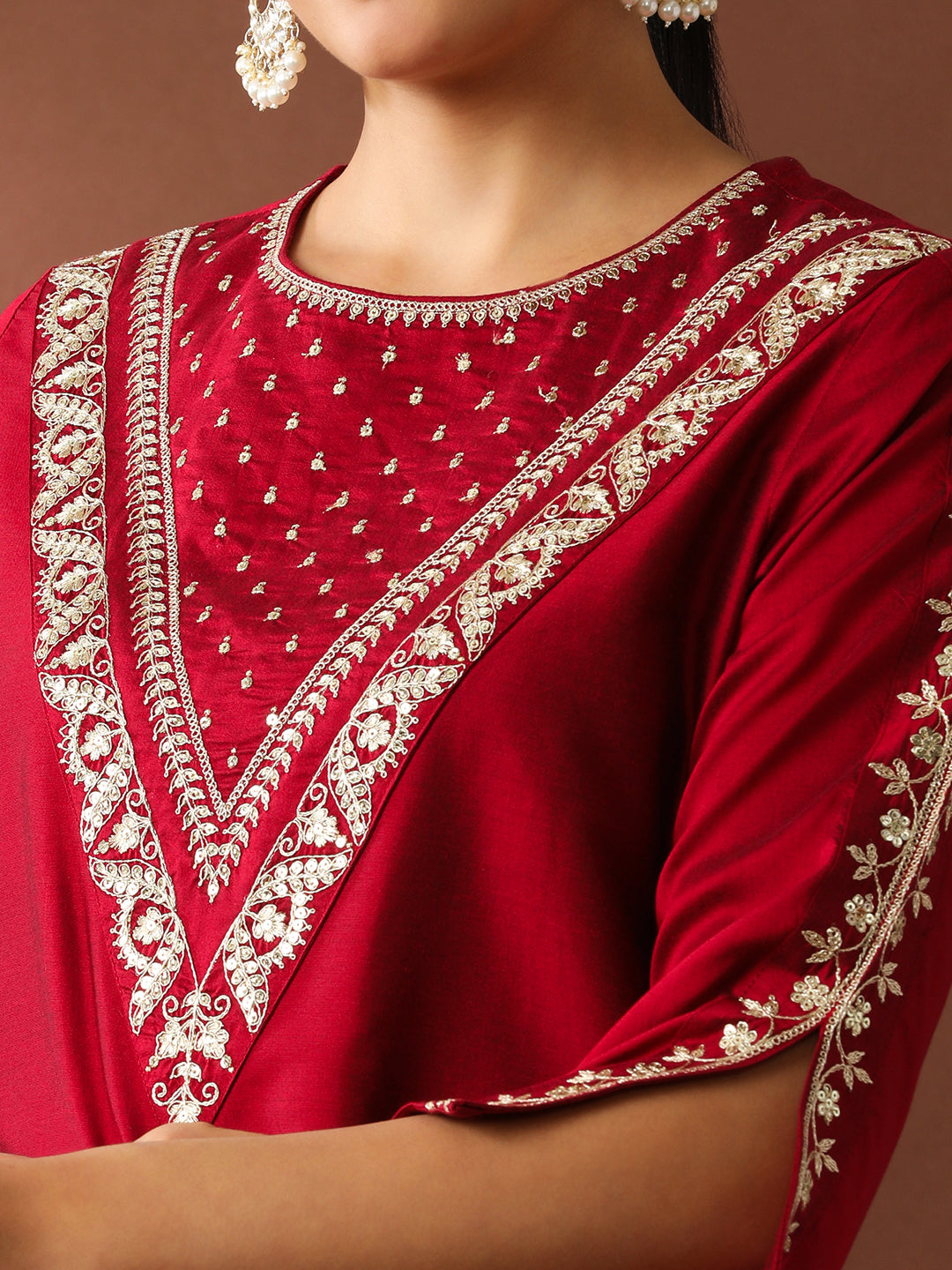 Floral Embroidered Straight Silk Blend Kurta & Trousers Sets