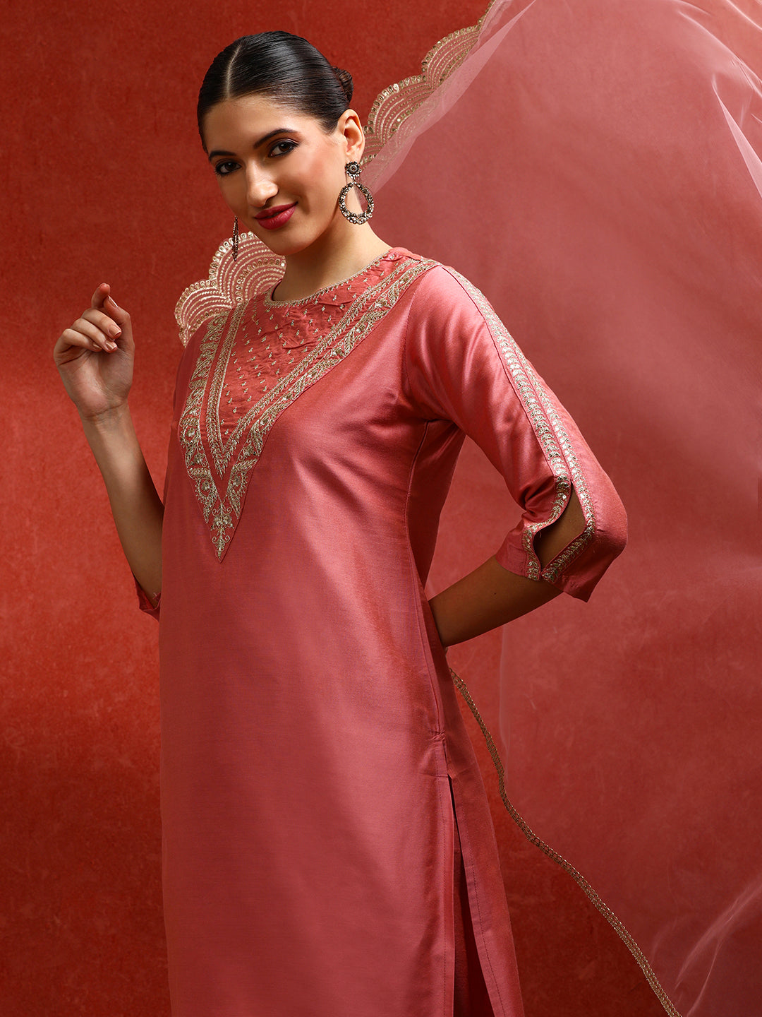 Solid Embroidered A-Line Kurta & Trousers Sets