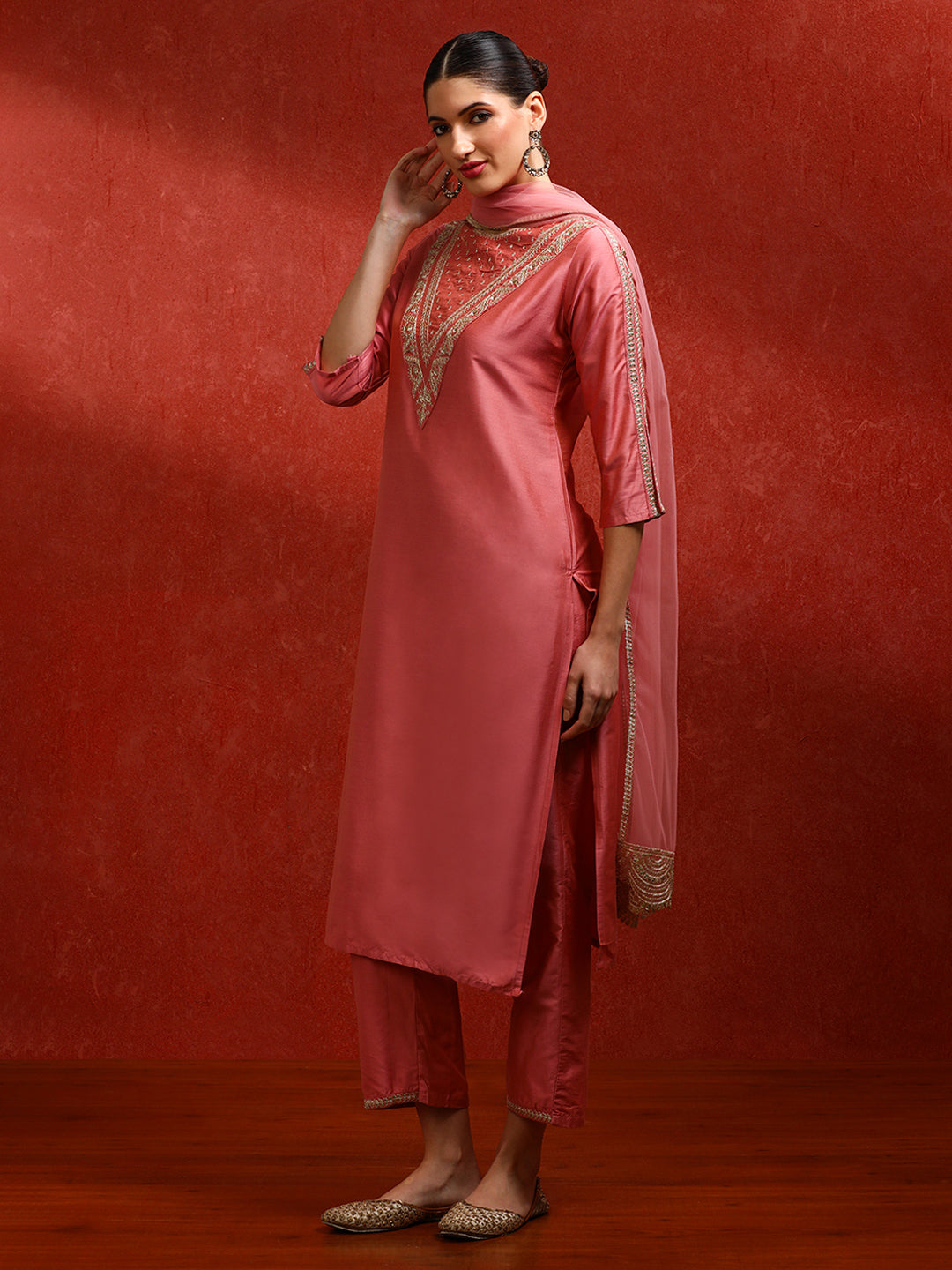 Solid Embroidered A-Line Kurta & Trousers Sets