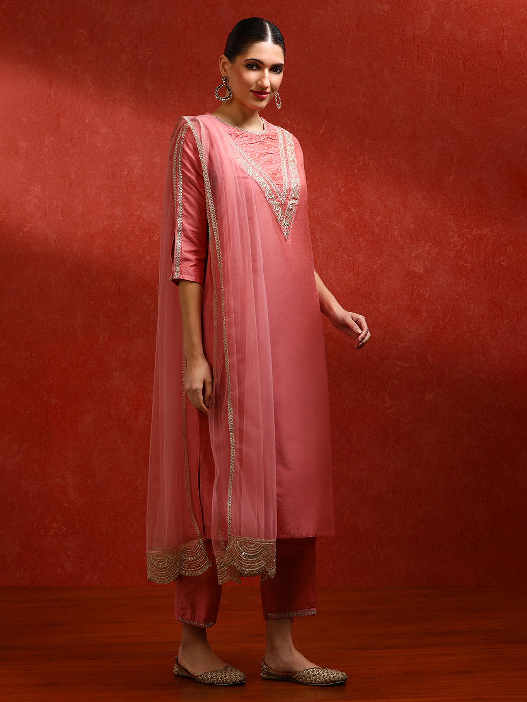 Solid Embroidered A-Line Kurta & Trousers Sets