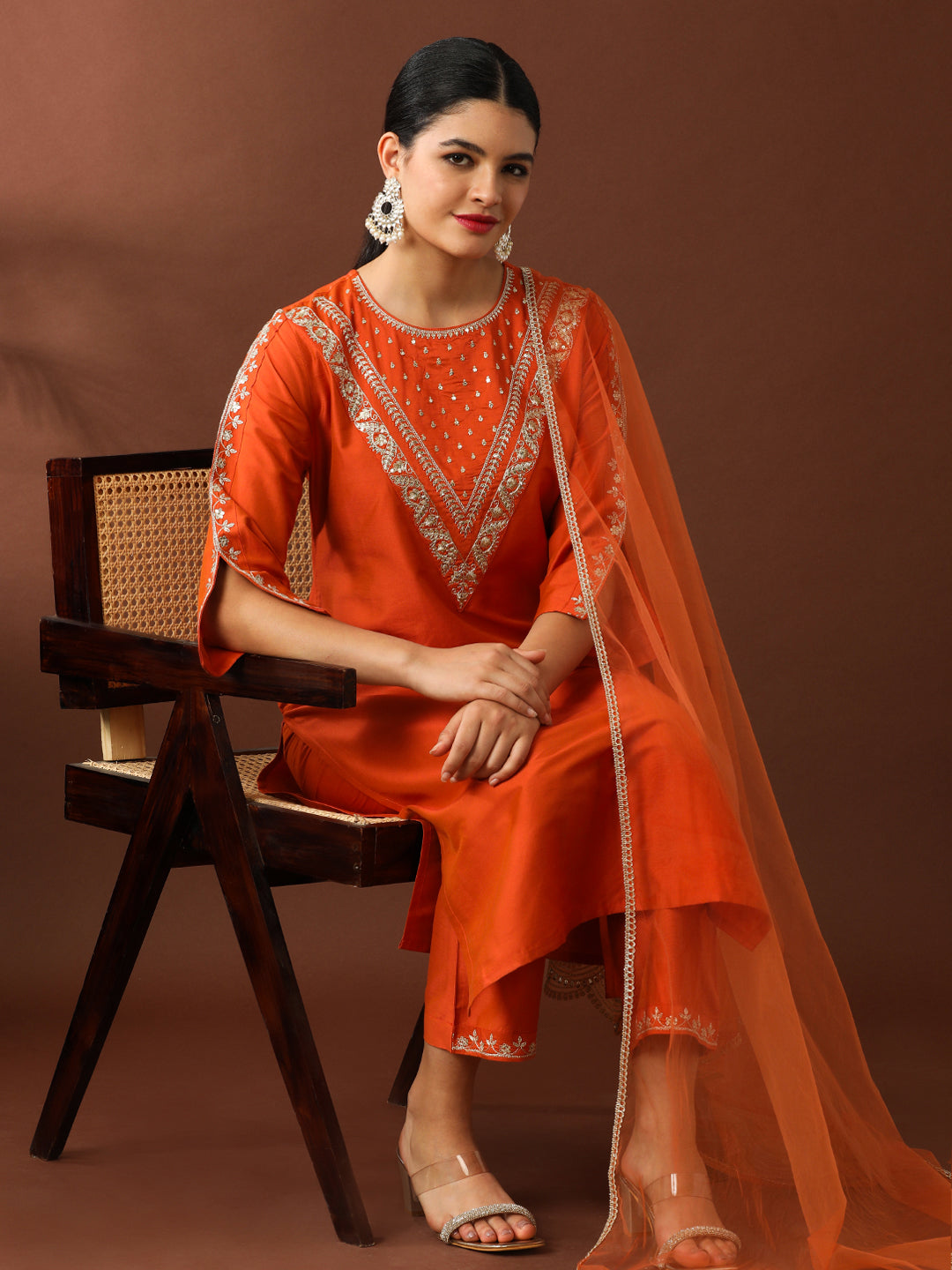 Floral Embroidered Straight Silk Blend Kurta & Trousers Sets