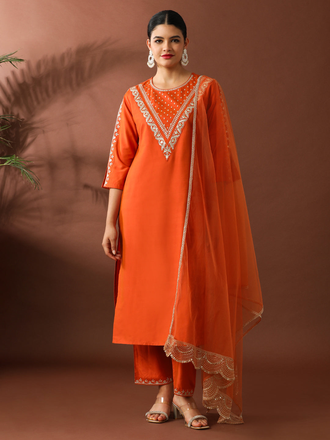 Floral Embroidered Straight Silk Blend Kurta & Trousers Sets