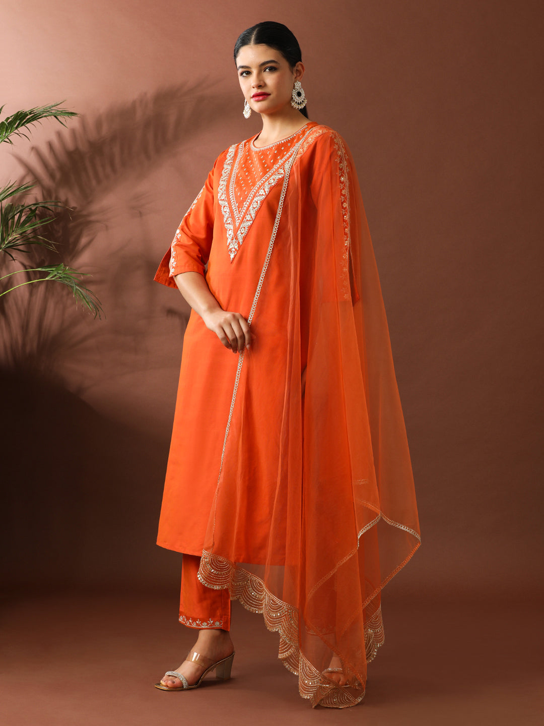 Floral Embroidered Straight Silk Blend Kurta & Trousers Sets