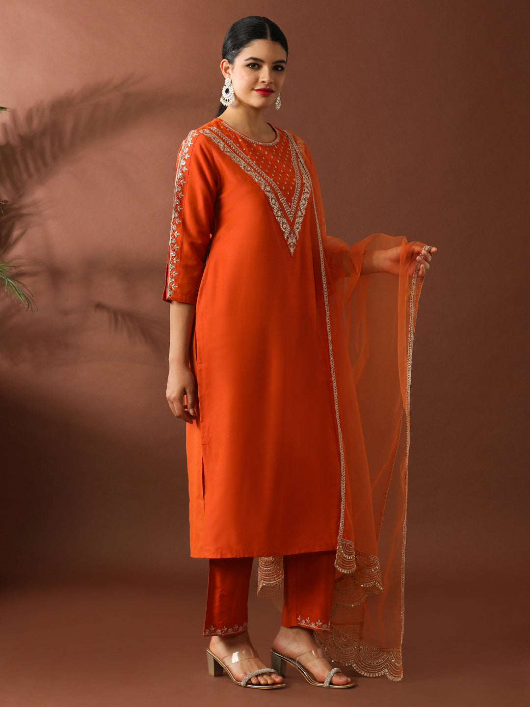 Floral Embroidered Straight Silk Blend Kurta & Trousers Sets