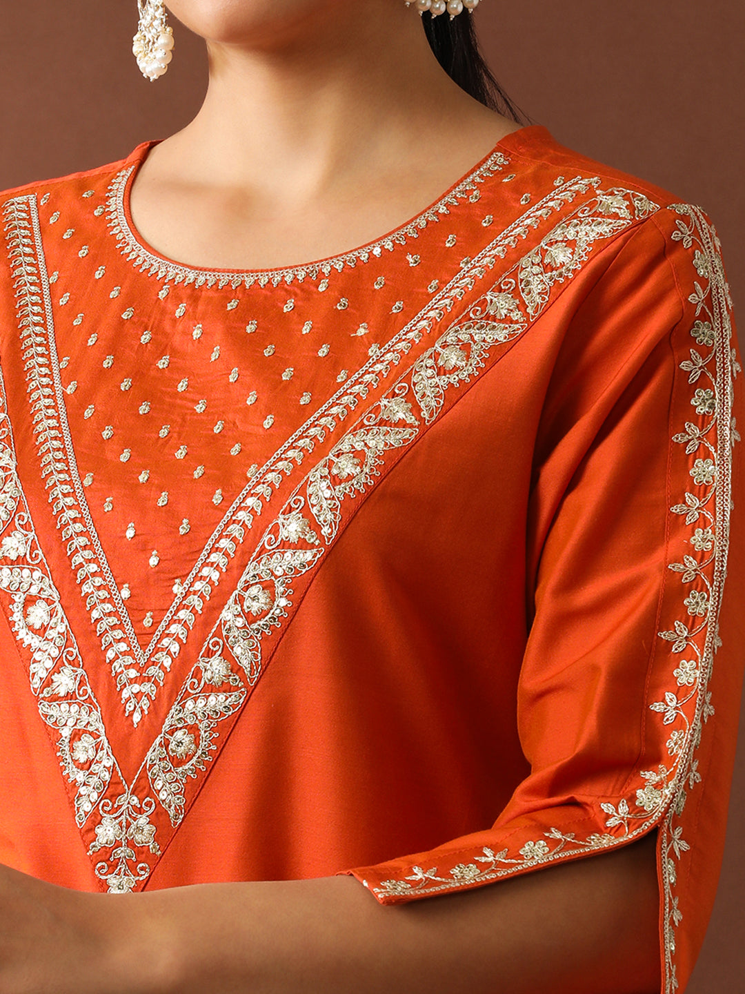 Floral Embroidered Straight Silk Blend Kurta & Trousers Sets