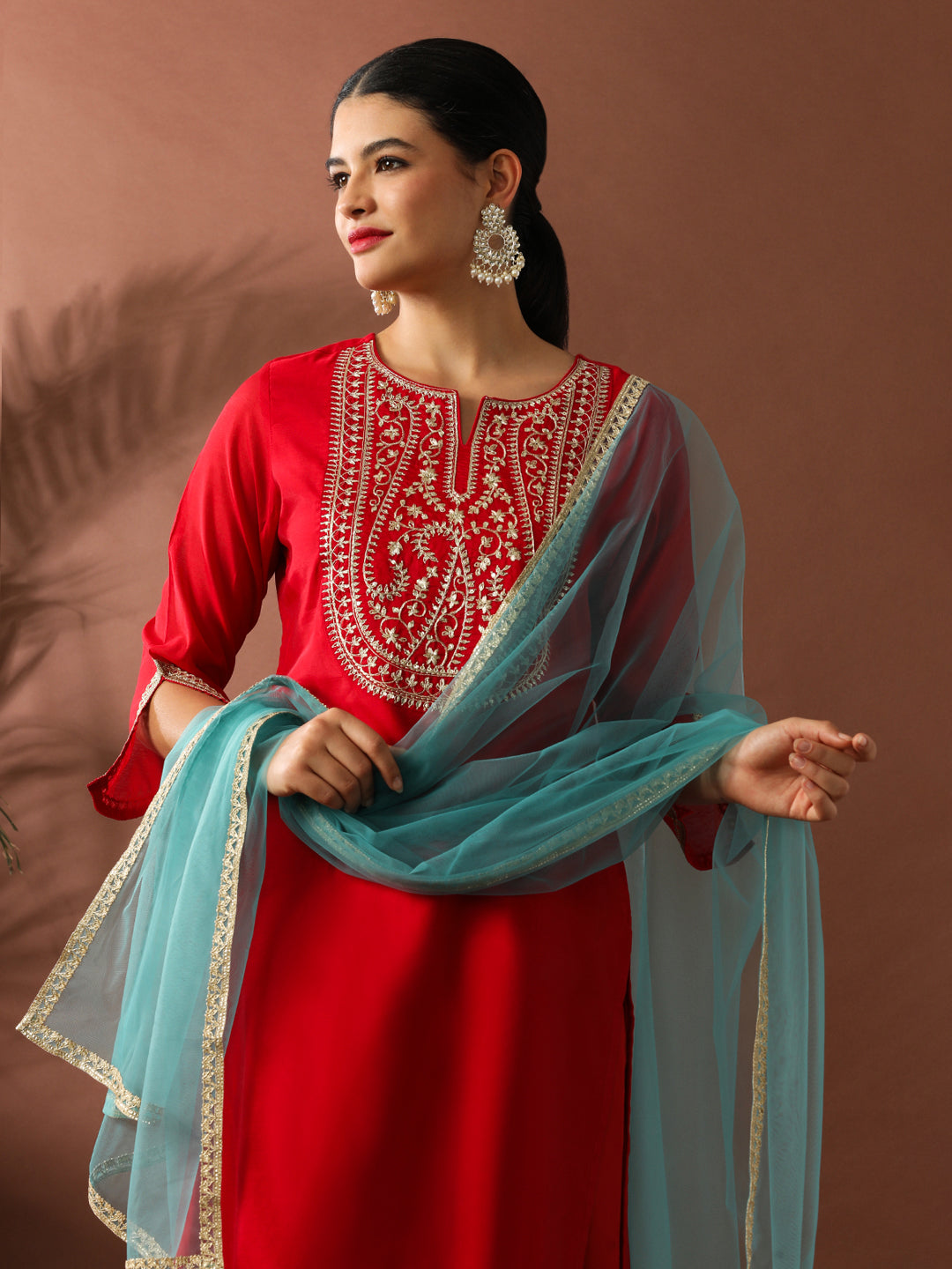 Floral Embroidered Straight Chanderi Cotton Kurta & Trousers Sets