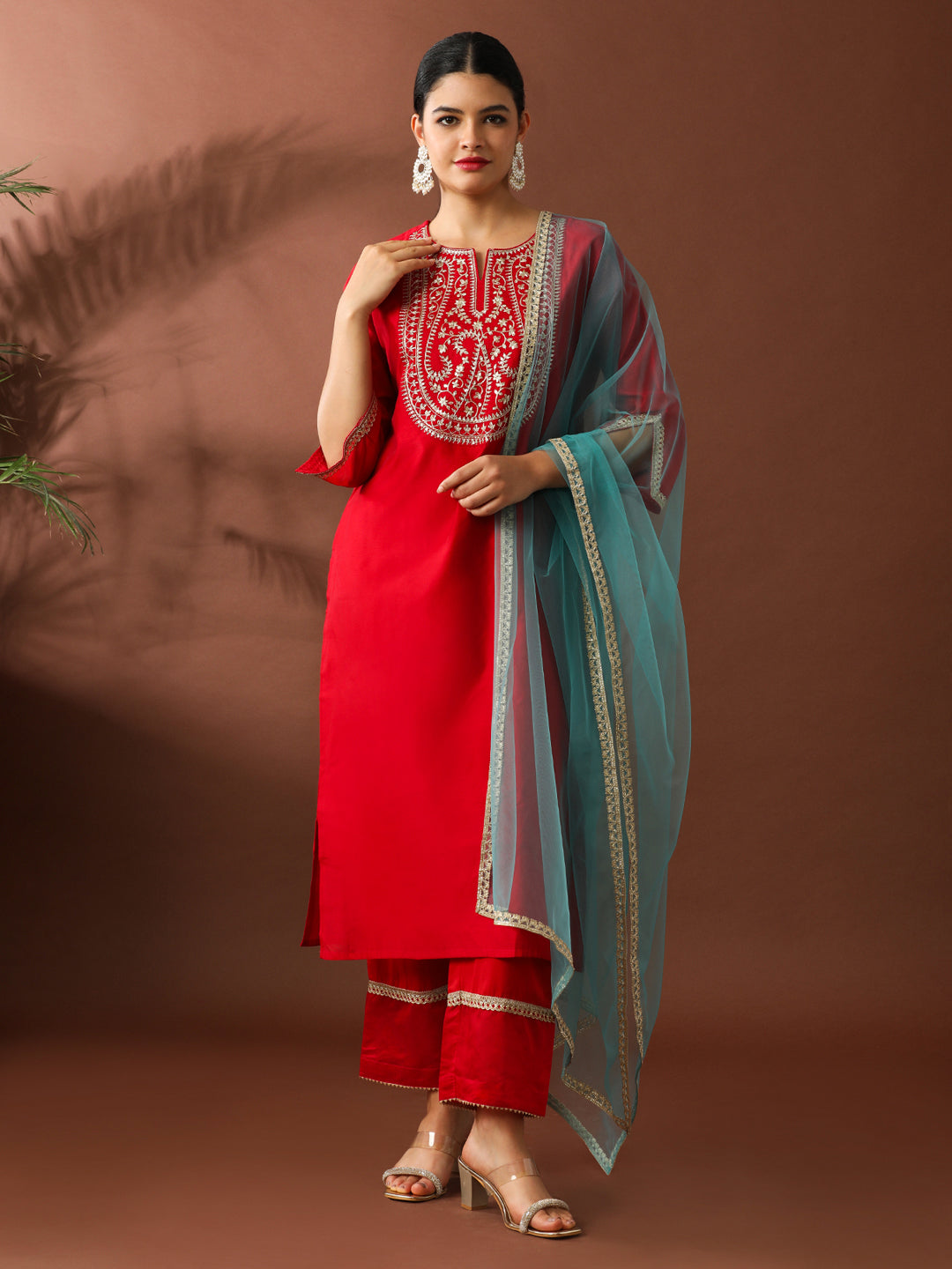 Floral Embroidered Straight Chanderi Cotton Kurta & Trousers Sets