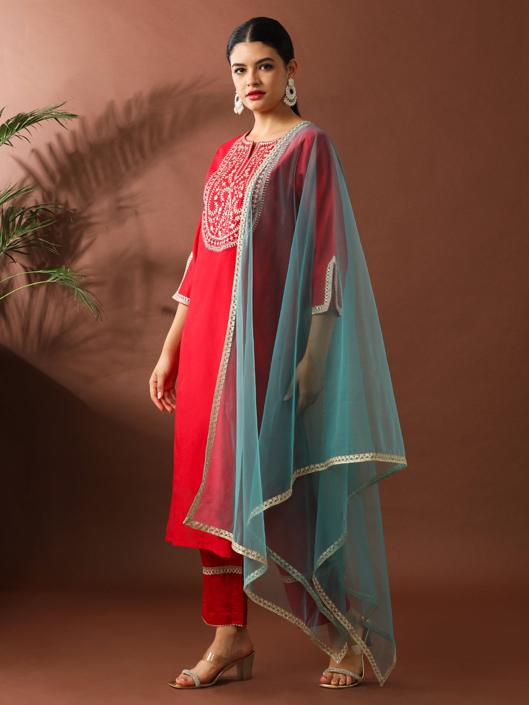 Floral Embroidered Straight Chanderi Cotton Kurta & Trousers Sets