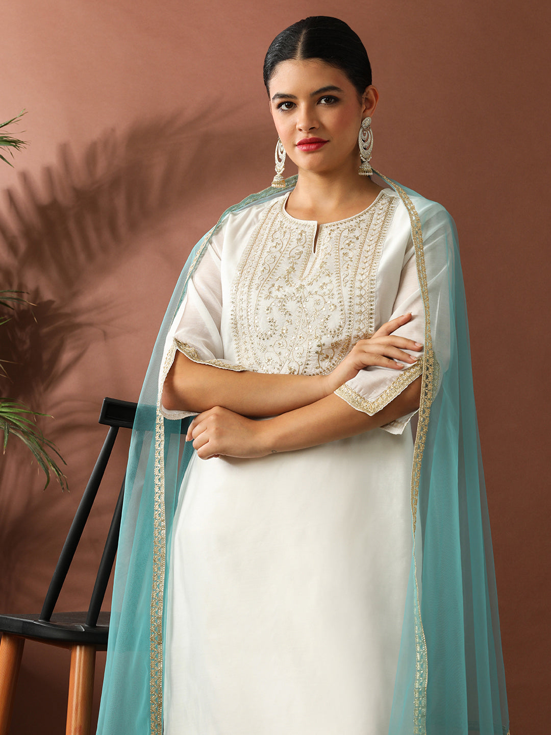 Floral Embroidered Straight Chanderi Cotton Kurta & Trousers Sets