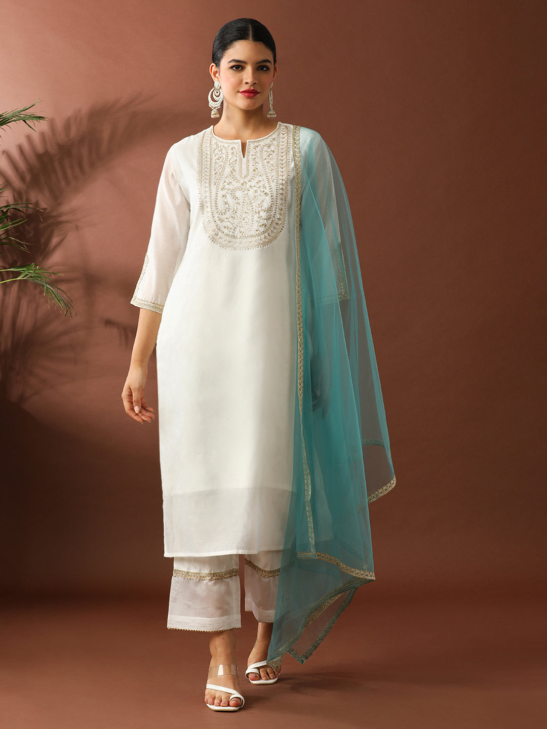 Floral Embroidered Straight Chanderi Cotton Kurta & Trousers Sets