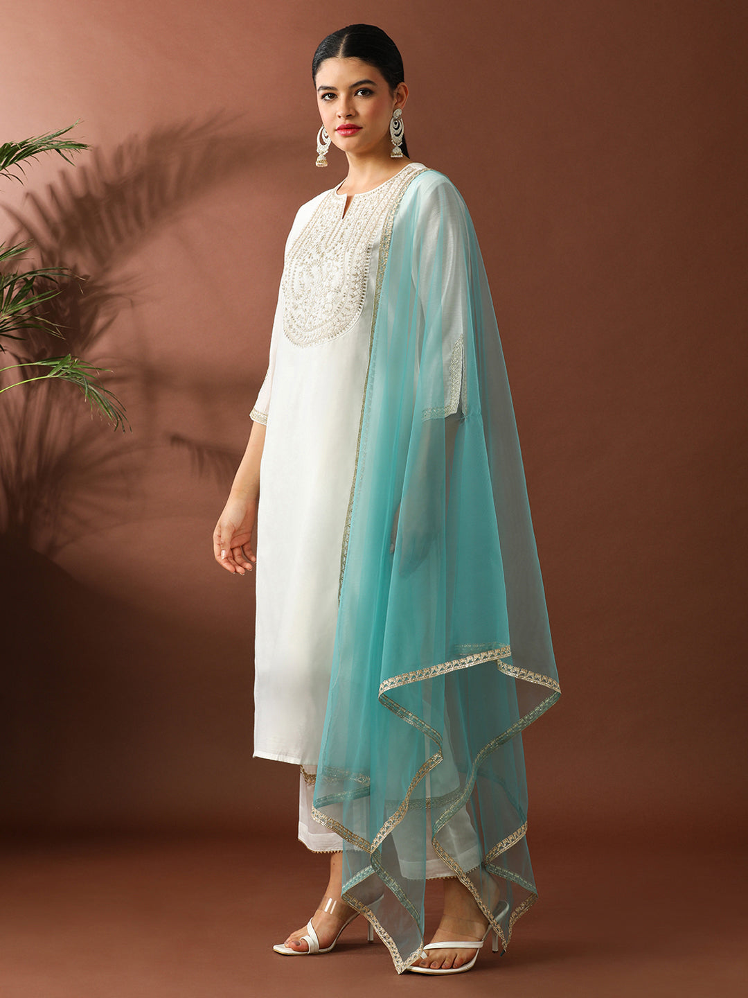 Floral Embroidered Straight Chanderi Cotton Kurta & Trousers Sets