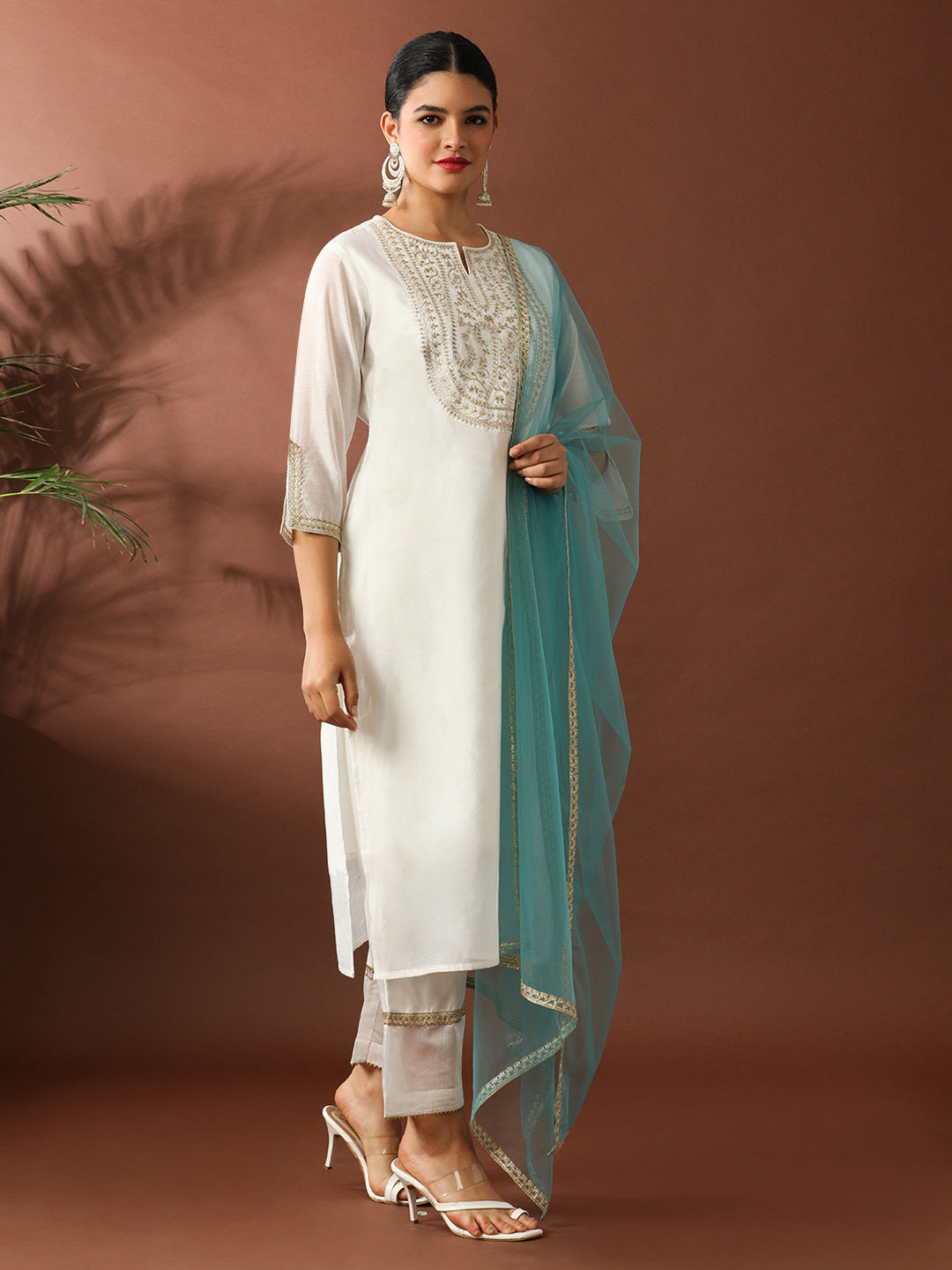 Floral Embroidered Straight Chanderi Cotton Kurta & Trousers Sets