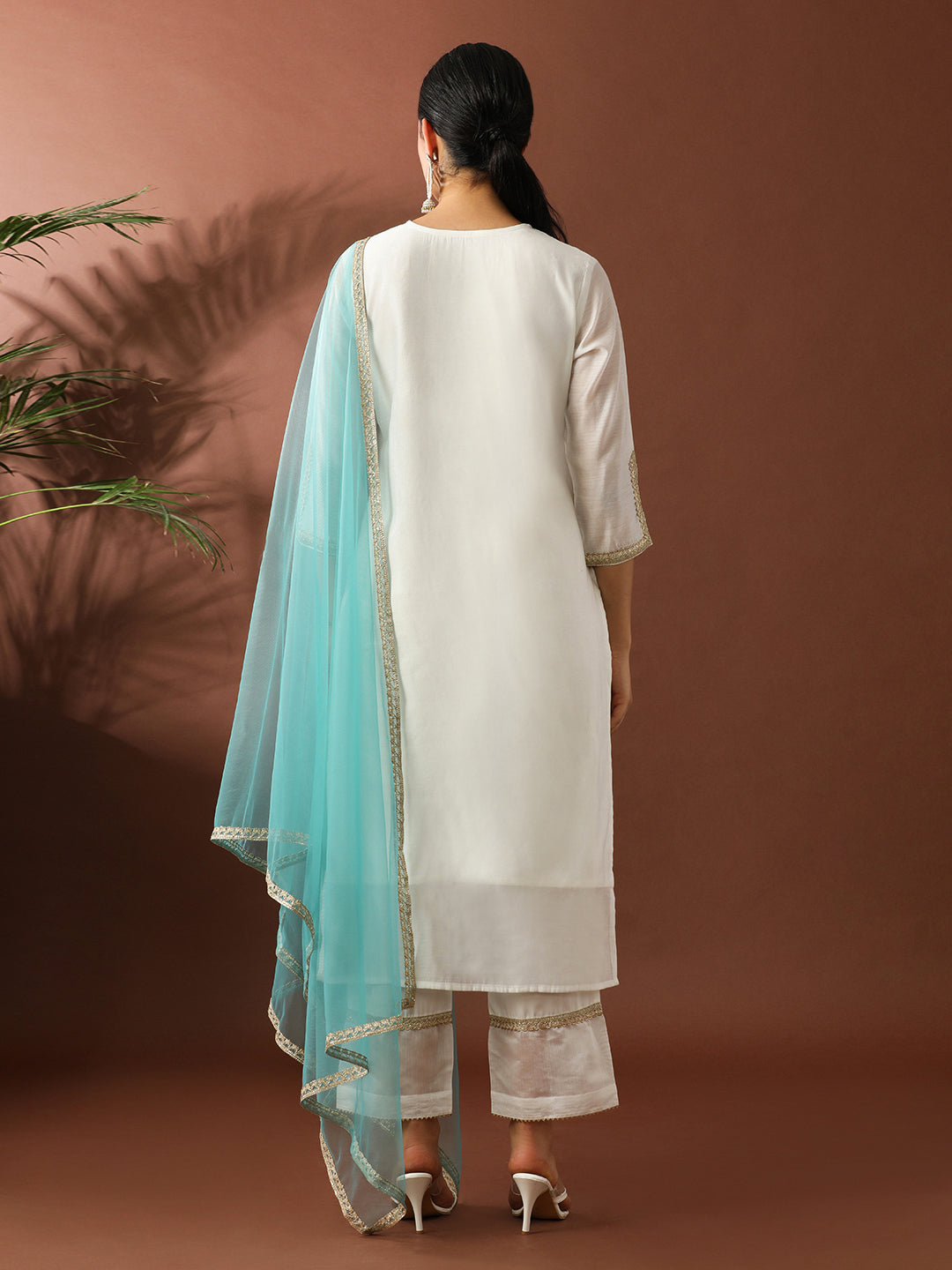 Floral Embroidered Straight Chanderi Cotton Kurta & Trousers Sets