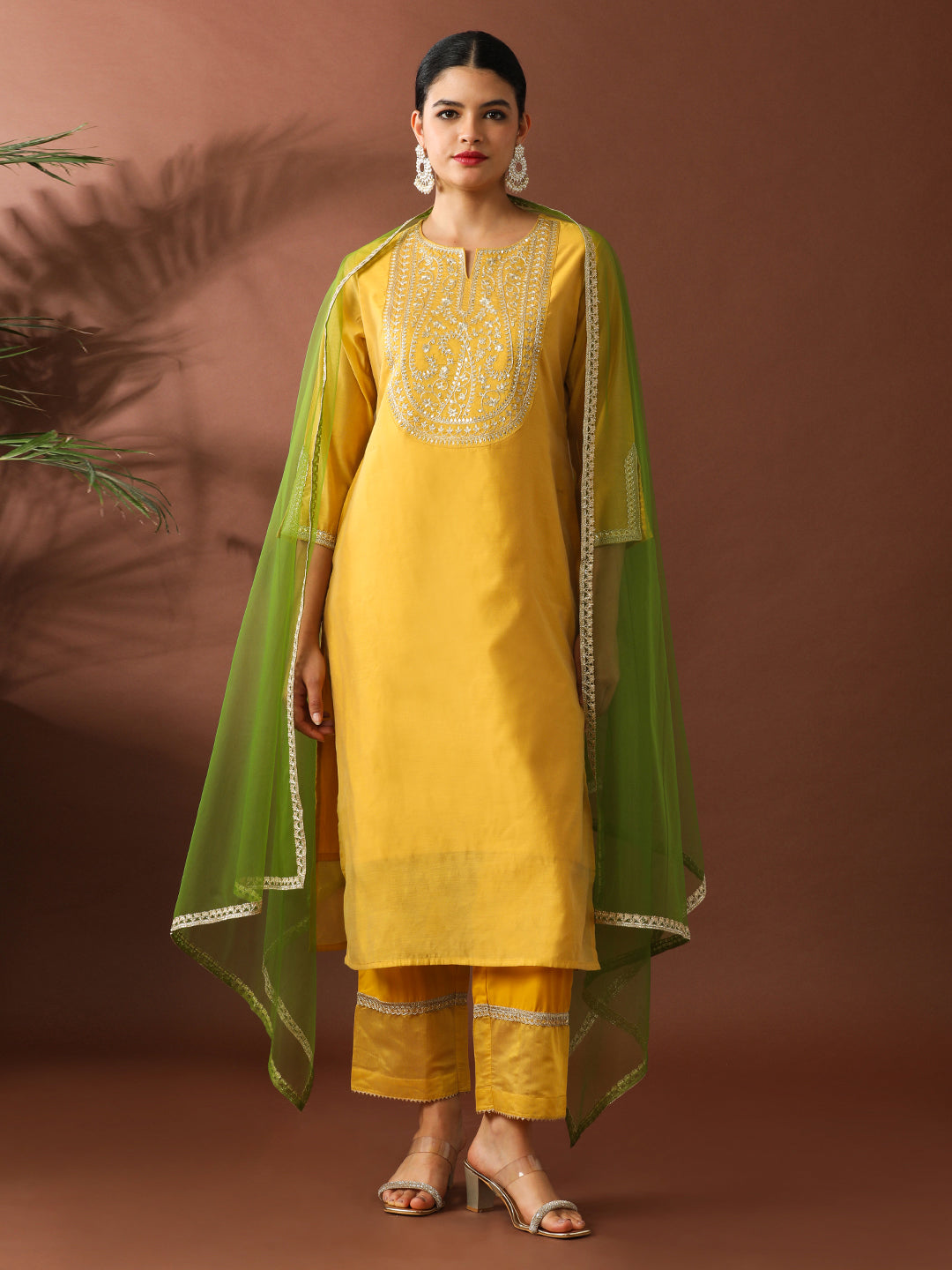 Floral Embroidered Straight Chanderi Cotton Kurta & Trousers Sets