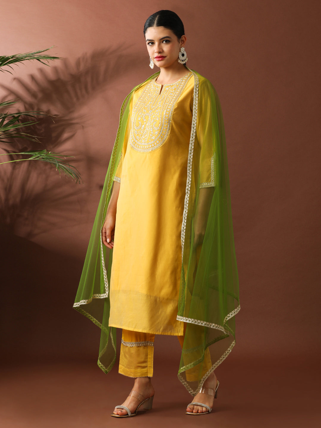 Floral Embroidered Straight Chanderi Cotton Kurta & Trousers Sets