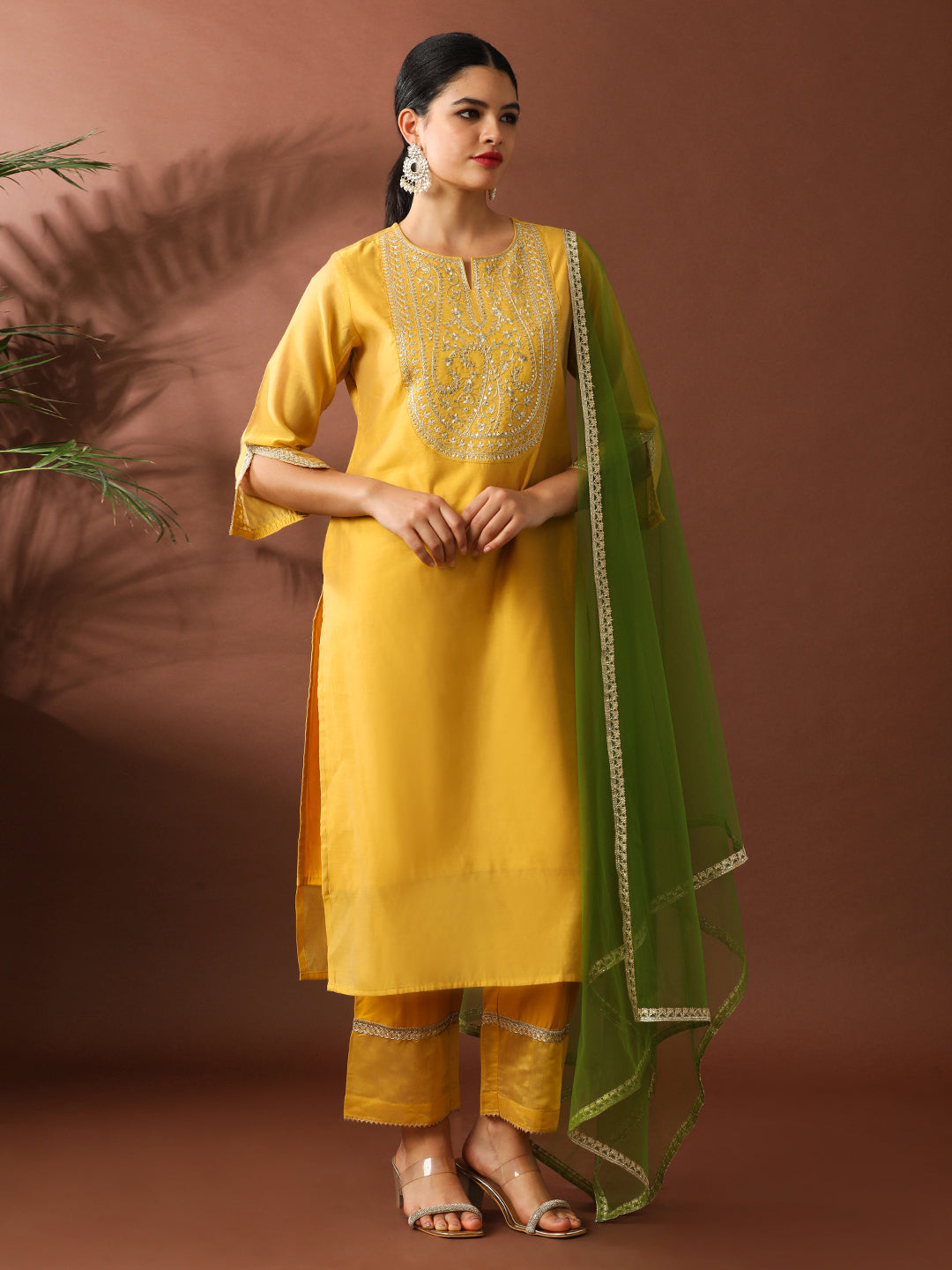 Floral Embroidered Straight Chanderi Cotton Kurta & Trousers Sets