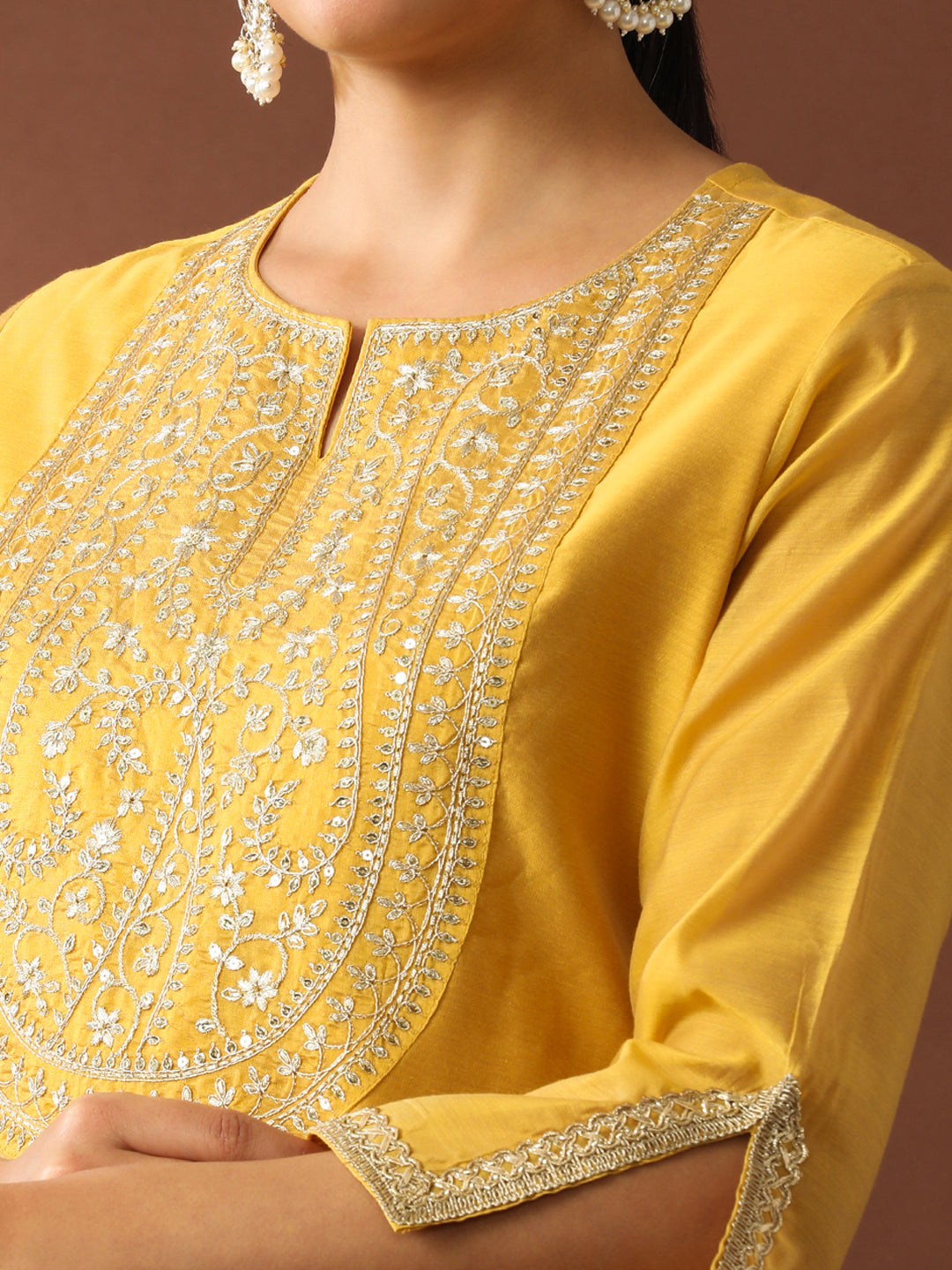 Floral Embroidered Straight Chanderi Cotton Kurta & Trousers Sets