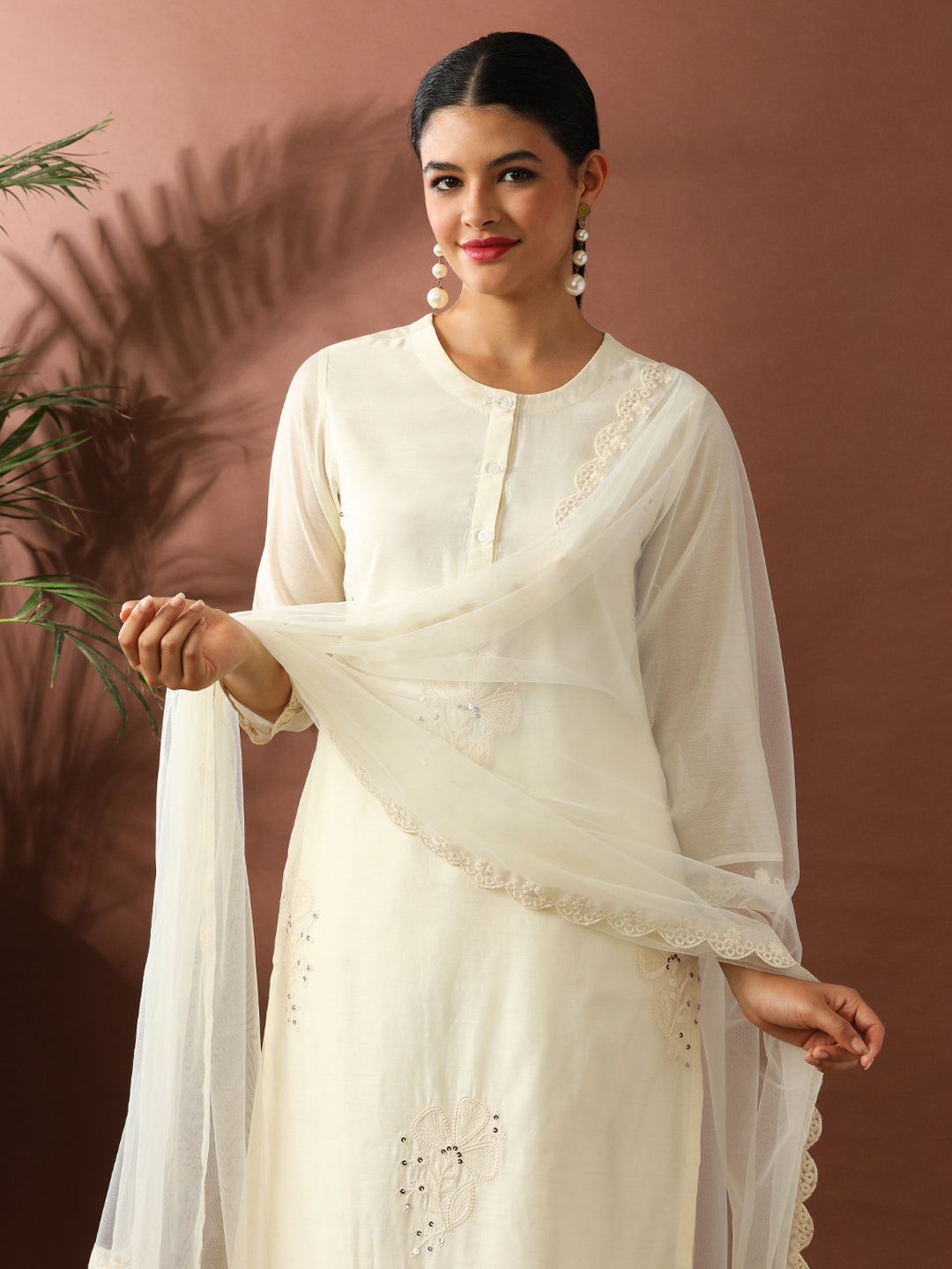 Floral Embroidered Straight Chanderi Cotton Kurta & Trousers Sets