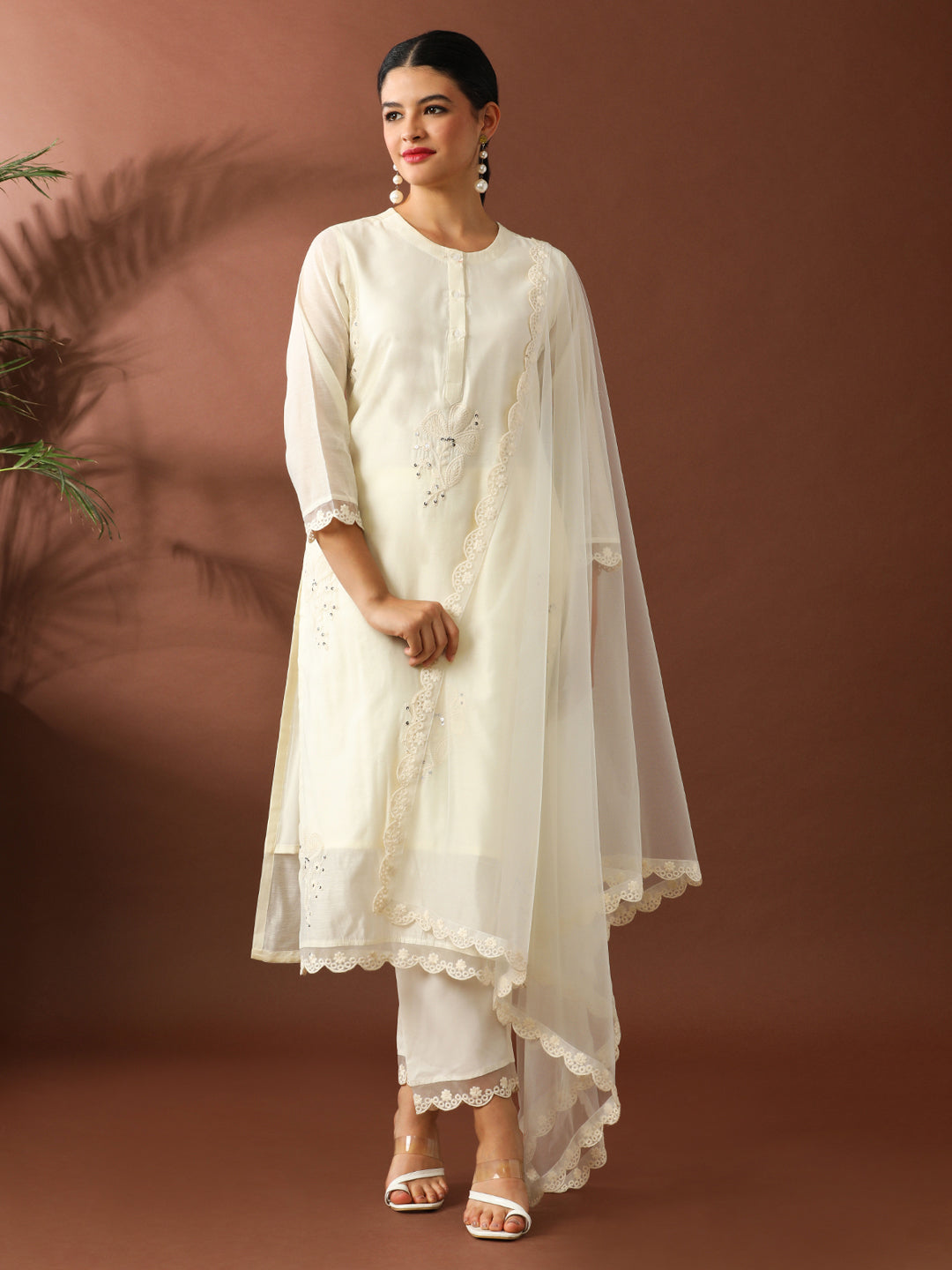 Floral Embroidered Straight Chanderi Cotton Kurta & Trousers Sets