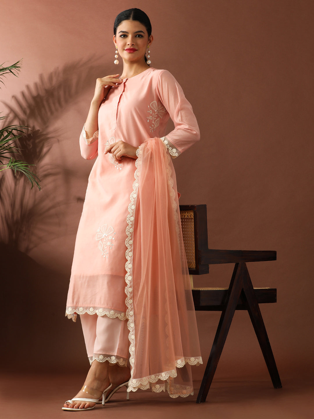 Floral Embroidered Straight Chanderi Cotton Kurta & Trousers Sets