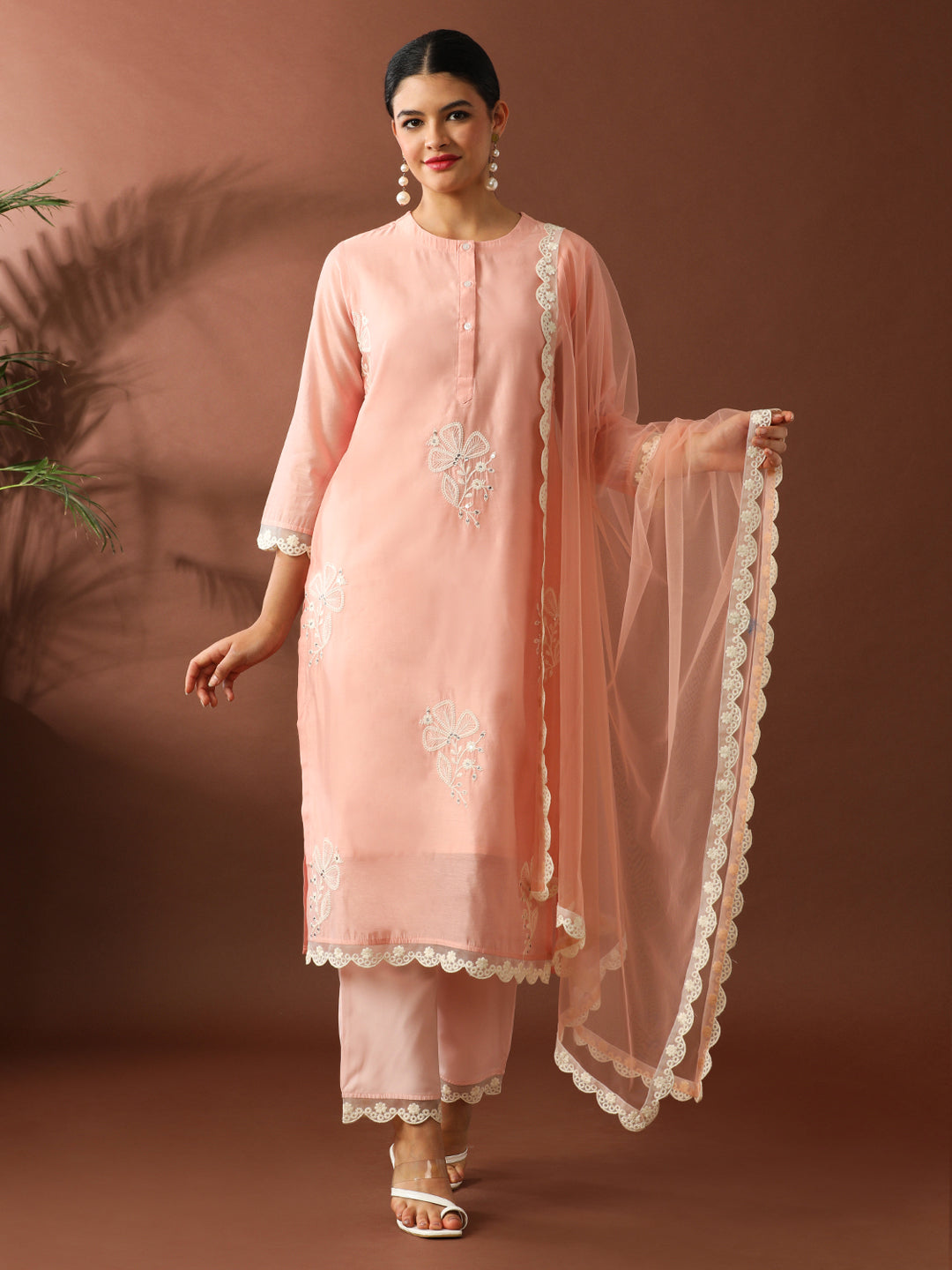 Floral Embroidered Straight Chanderi Cotton Kurta & Trousers Sets
