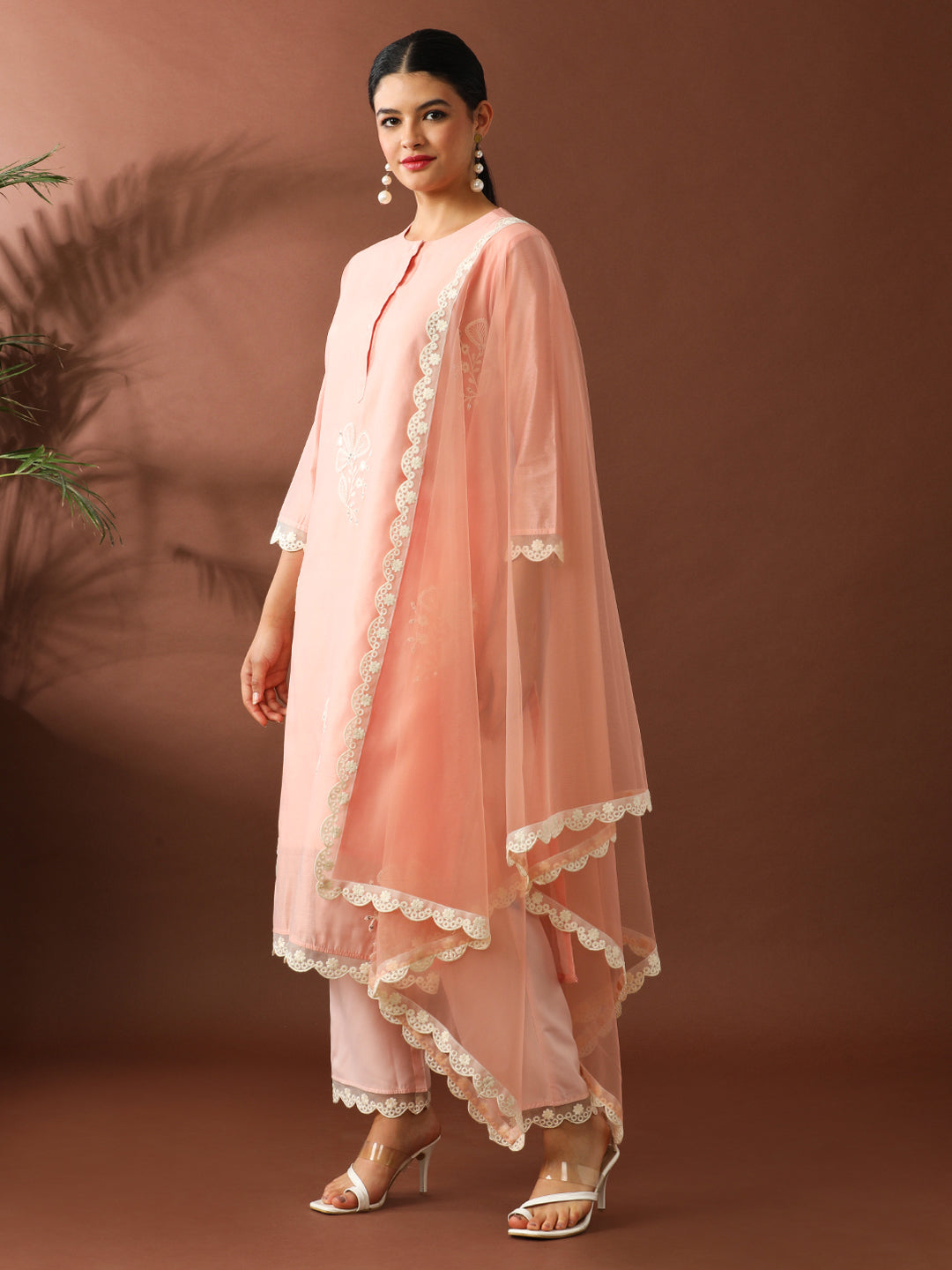Floral Embroidered Straight Chanderi Cotton Kurta & Trousers Sets