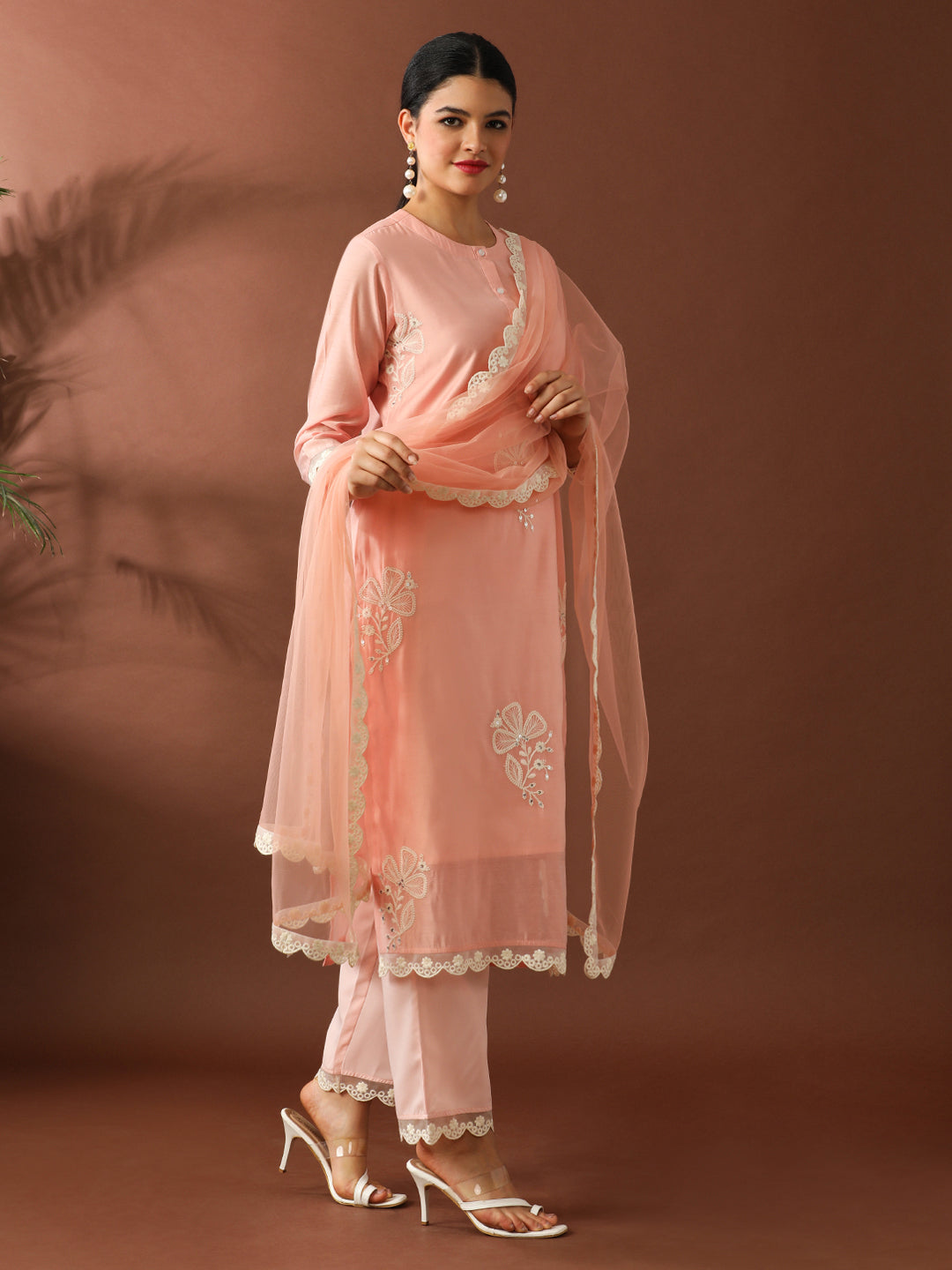 Floral Embroidered Straight Chanderi Cotton Kurta & Trousers Sets