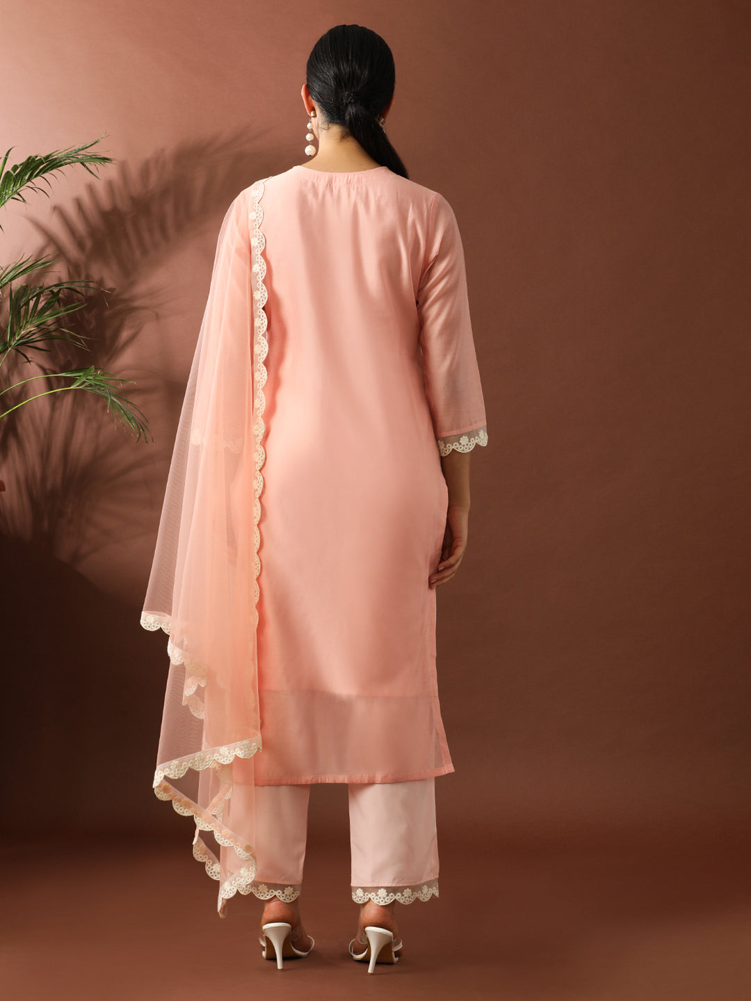 Floral Embroidered Straight Chanderi Cotton Kurta & Trousers Sets
