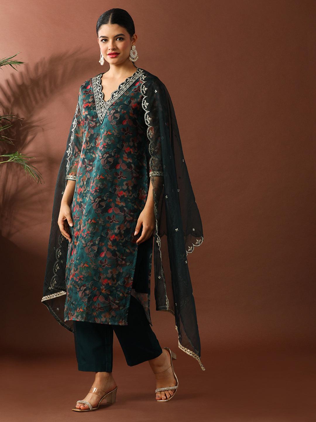 Floral Embroidered Straight Organza Kurta Sets