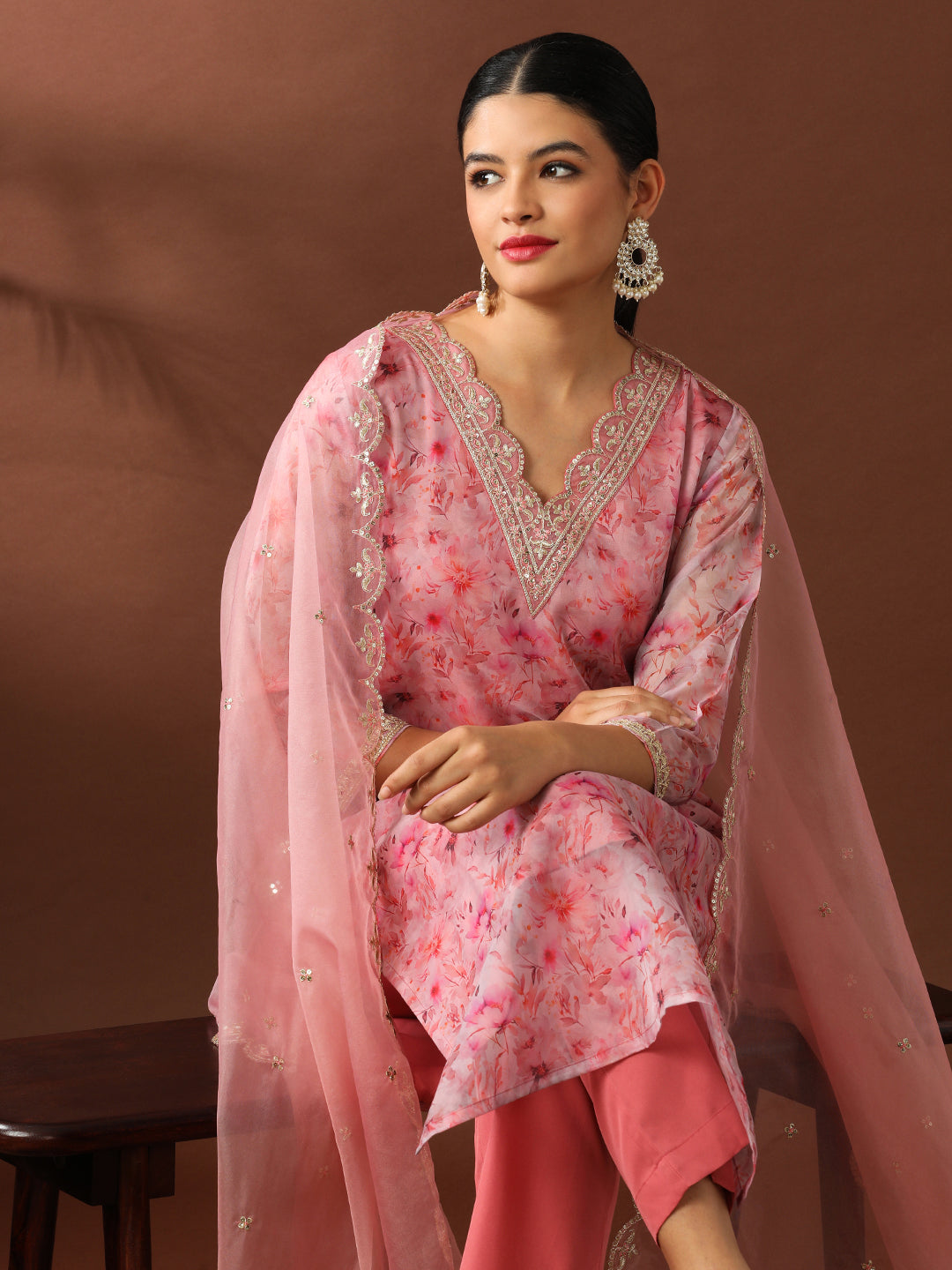 Floral Embroidered Straight Organza Kurta Sets