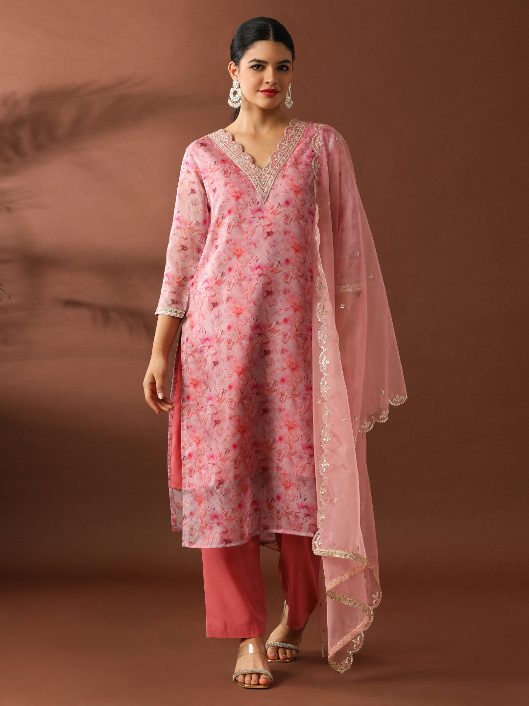 Floral Embroidered Straight Organza Kurta Sets
