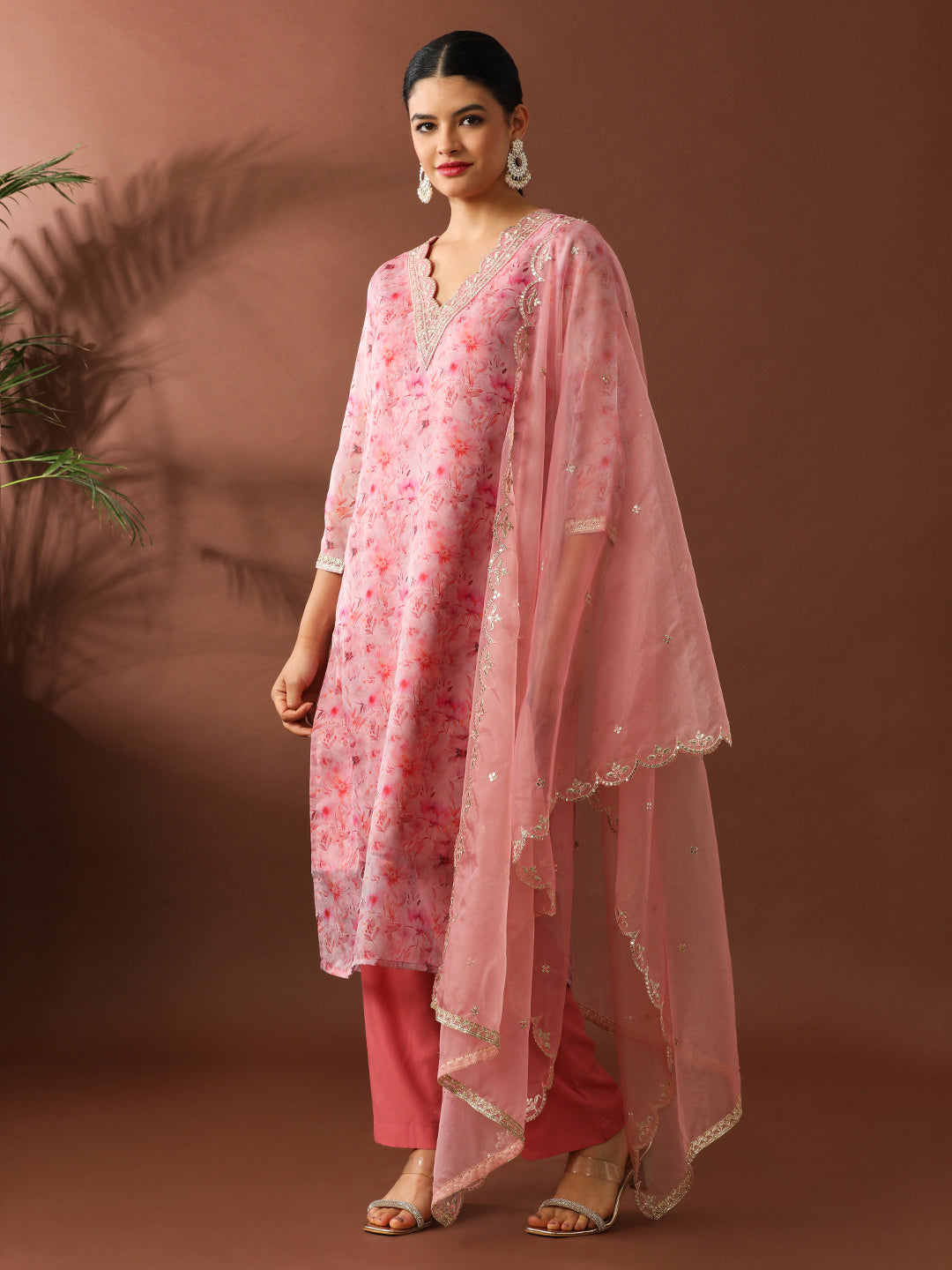 Floral Embroidered Straight Organza Kurta Sets