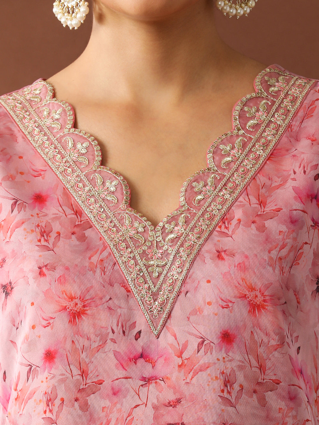 Floral Embroidered Straight Organza Kurta Sets