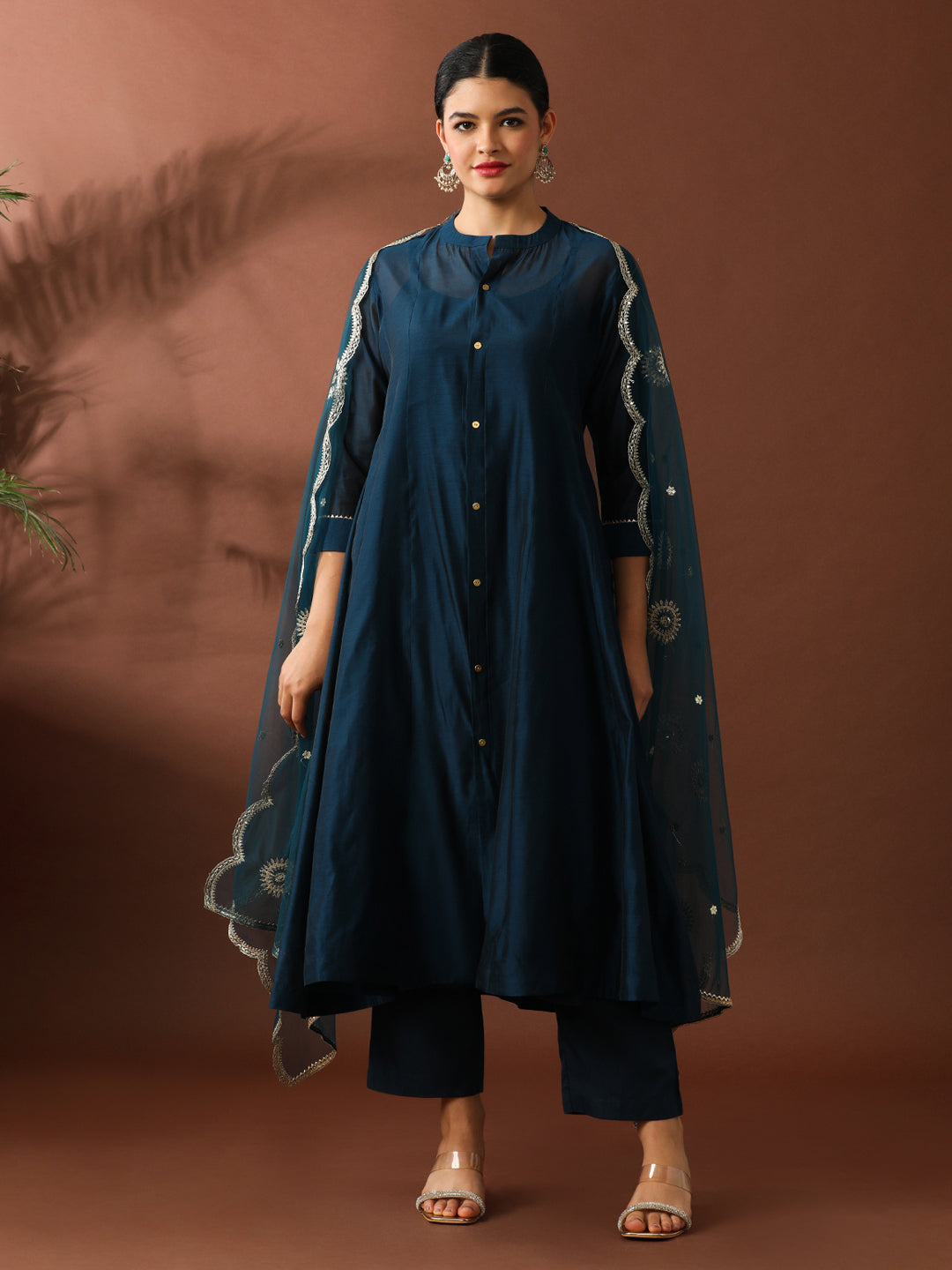 Solid Embroidered A-Line Chanderi Cotton Kurta Sets