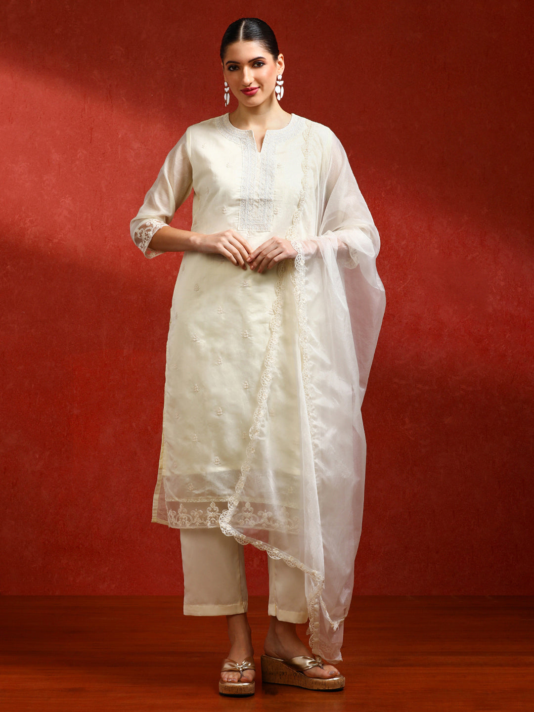 Floral Embroidered Straight Kurta & Trousers Sets