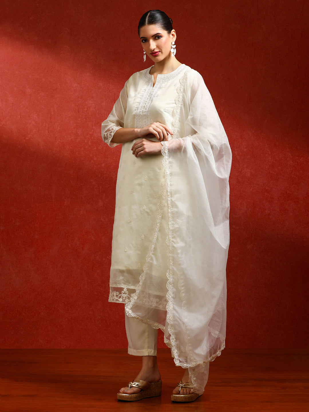 Floral Embroidered Straight Kurta & Trousers Sets