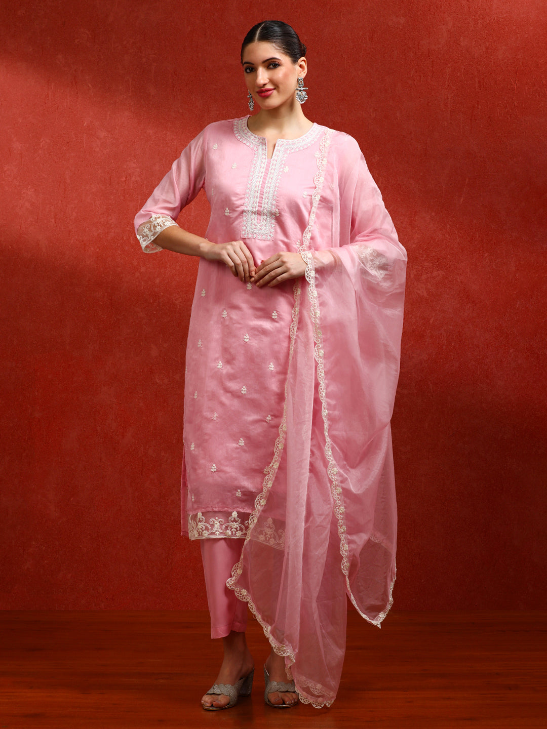 Floral Embroidered Straight Kurta & Trousers Sets