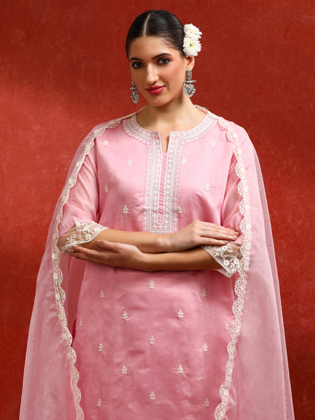 Floral Embroidered Straight Kurta & Trousers Sets