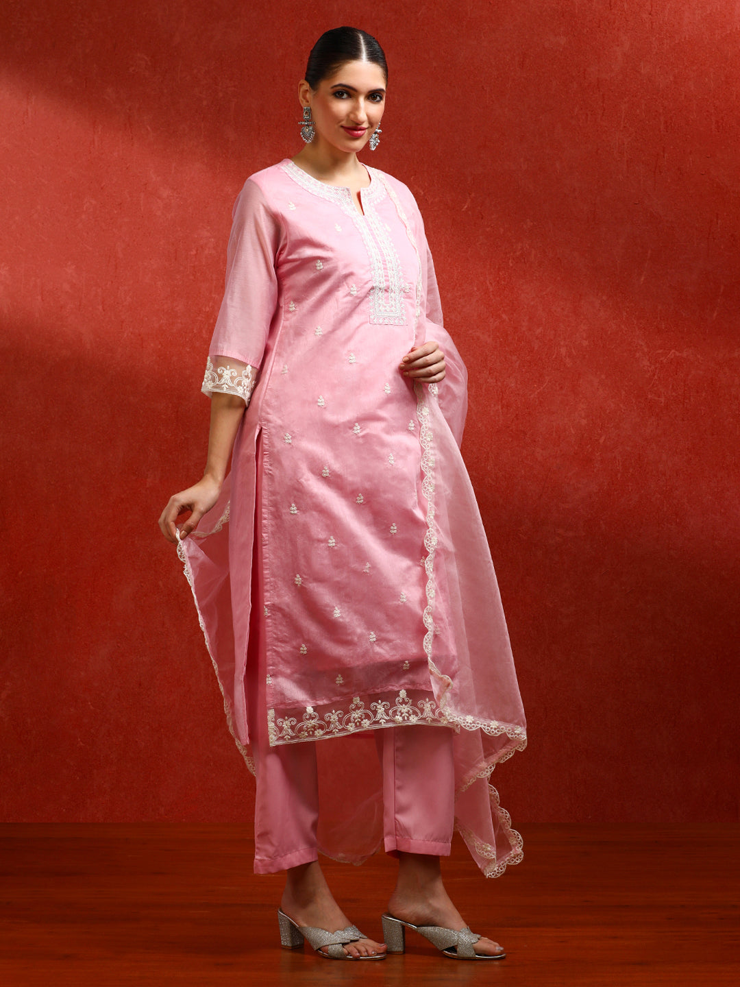Floral Embroidered Straight Kurta & Trousers Sets