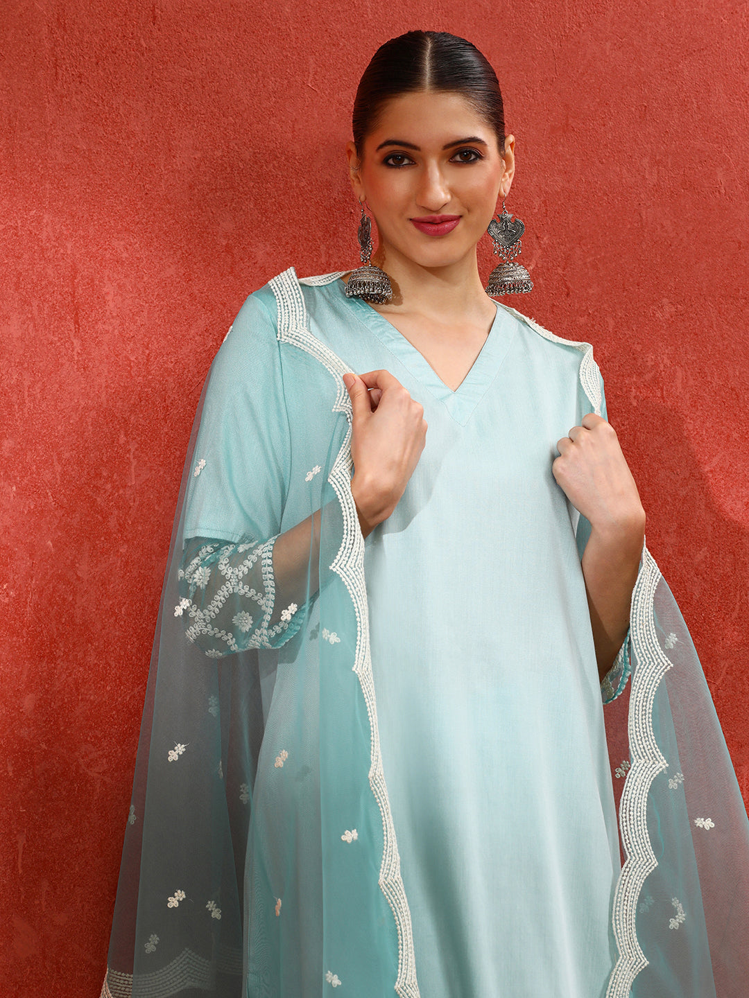 Solid Embroidered Straight Kurta & Trousers Sets