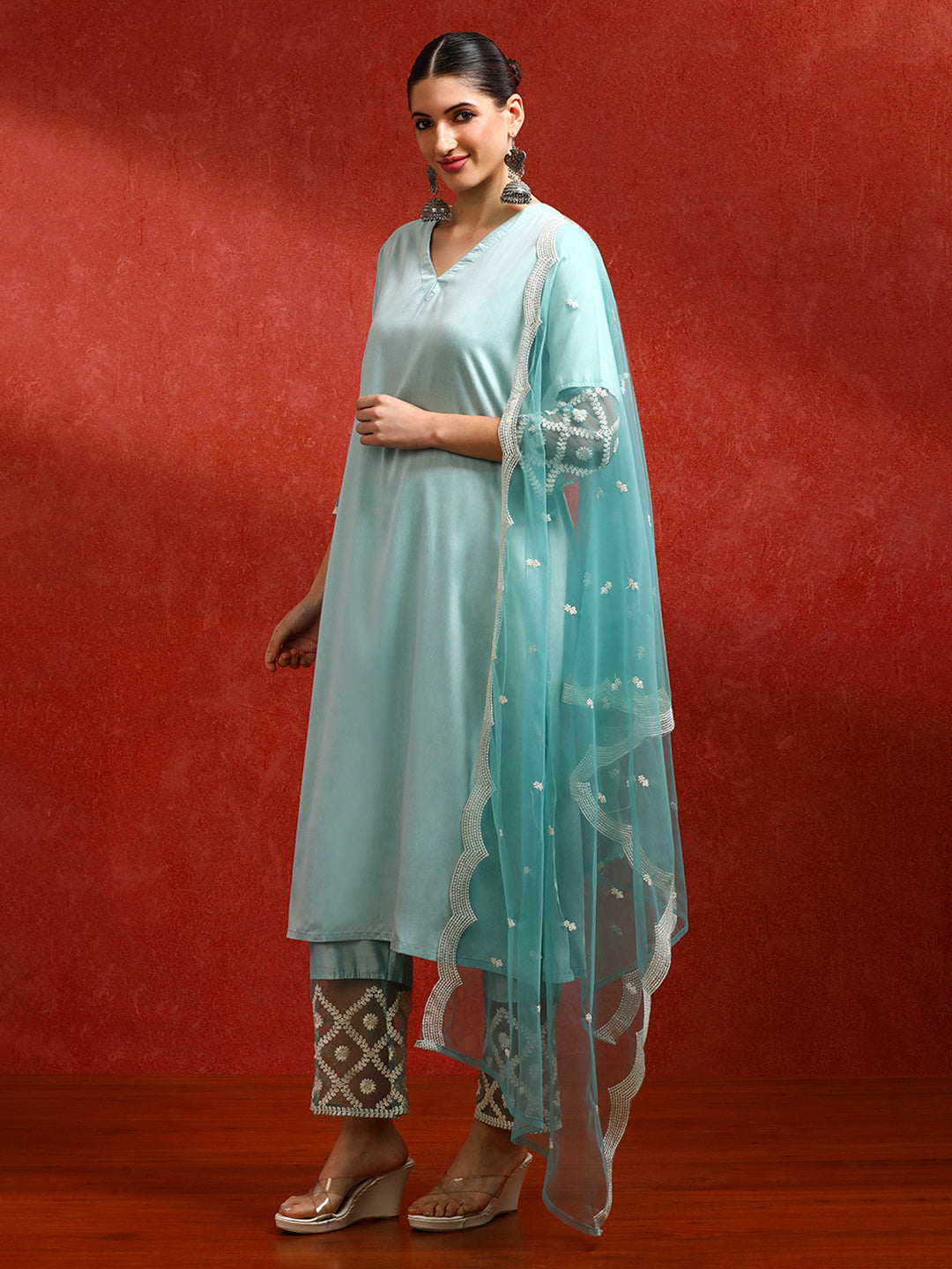 Solid Embroidered Straight Kurta & Trousers Sets